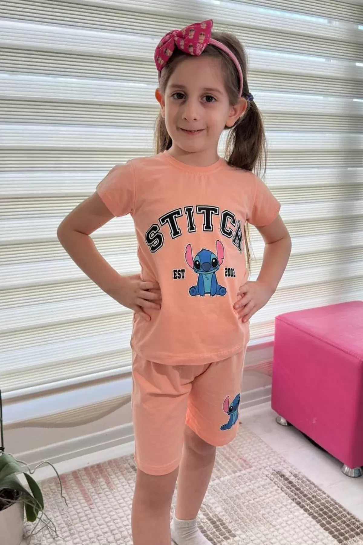 Somon Stitch Kısa Kollu Şortlu Çizgi Karakter Baskılı Kız Çocuk 2li Takım