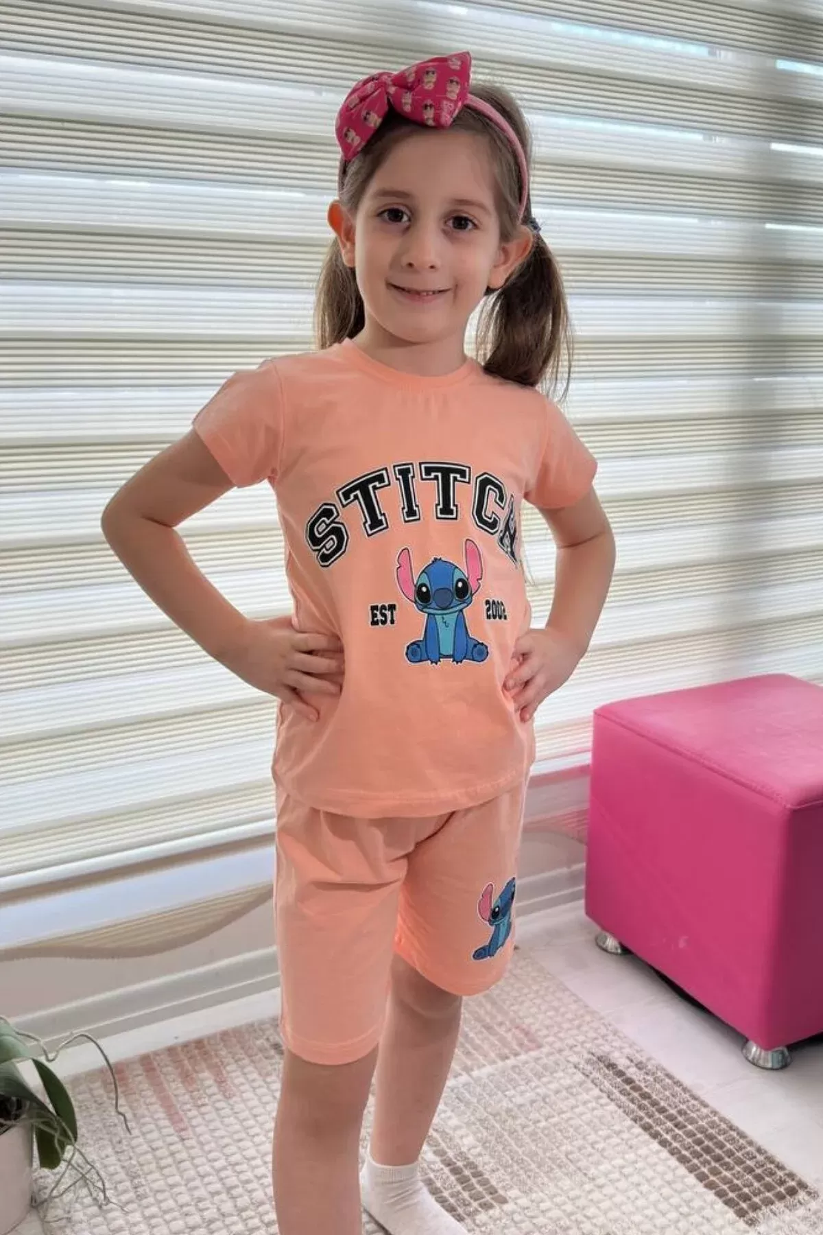 Somon Stitch Kısa Kollu Şortlu Çizgi Karakter Baskılı Kız Çocuk 2li Takım