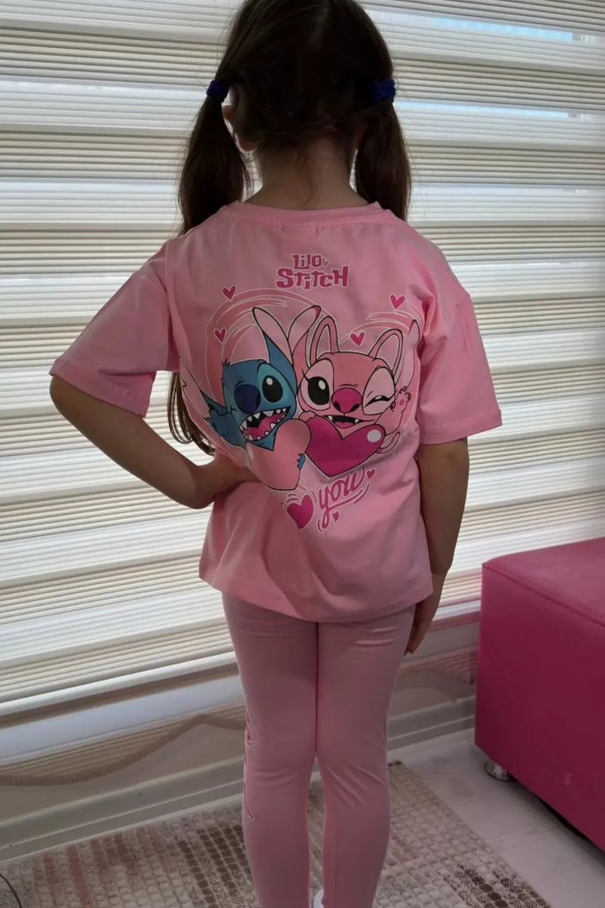Pembe Stitch Kısa Kollu Taytlı Çizgi Karakter Baskılı Kız Çocuk 2li Takım