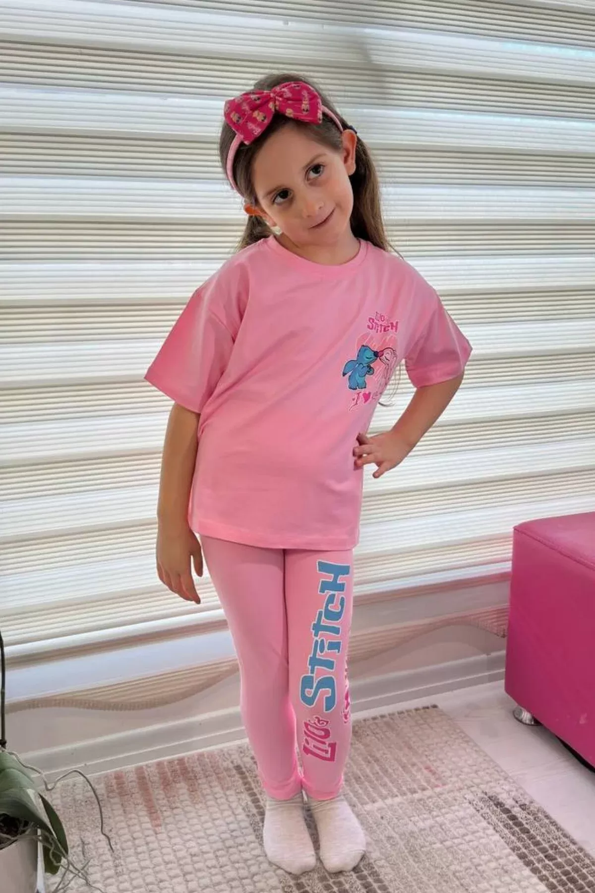 Pembe Stitch Kısa Kollu Taytlı Çizgi Karakter Baskılı Kız Çocuk 2li Takım