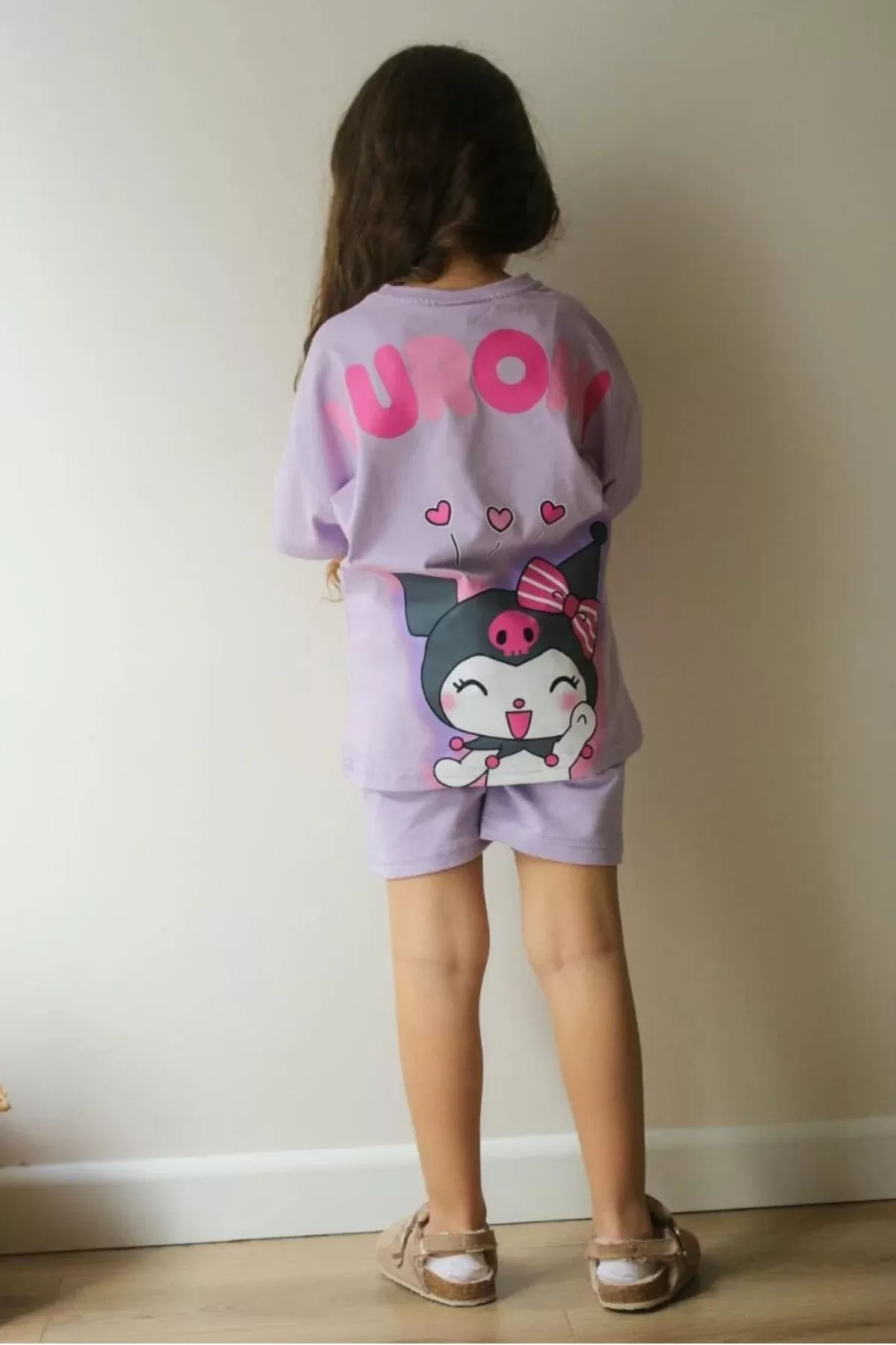 Lila Kuromi Kısa Kollu Şortlu Çizgi Karakter Baskılı Kız Çocuk 2li Takım