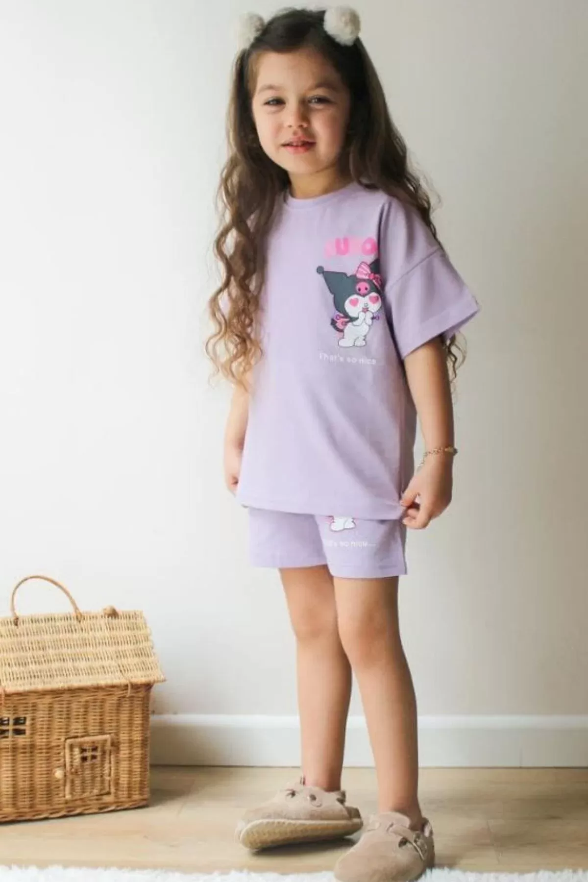 Lila Kuromi Kısa Kollu Şortlu Çizgi Karakter Baskılı Kız Çocuk 2li Takım