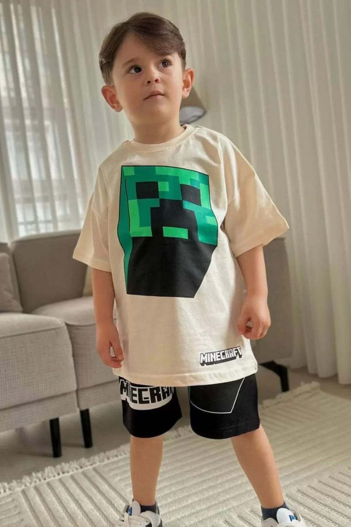 Bej Mine Craft Çizgi film Baskılı Alt Üst Erkek Çocuk 2li Takım