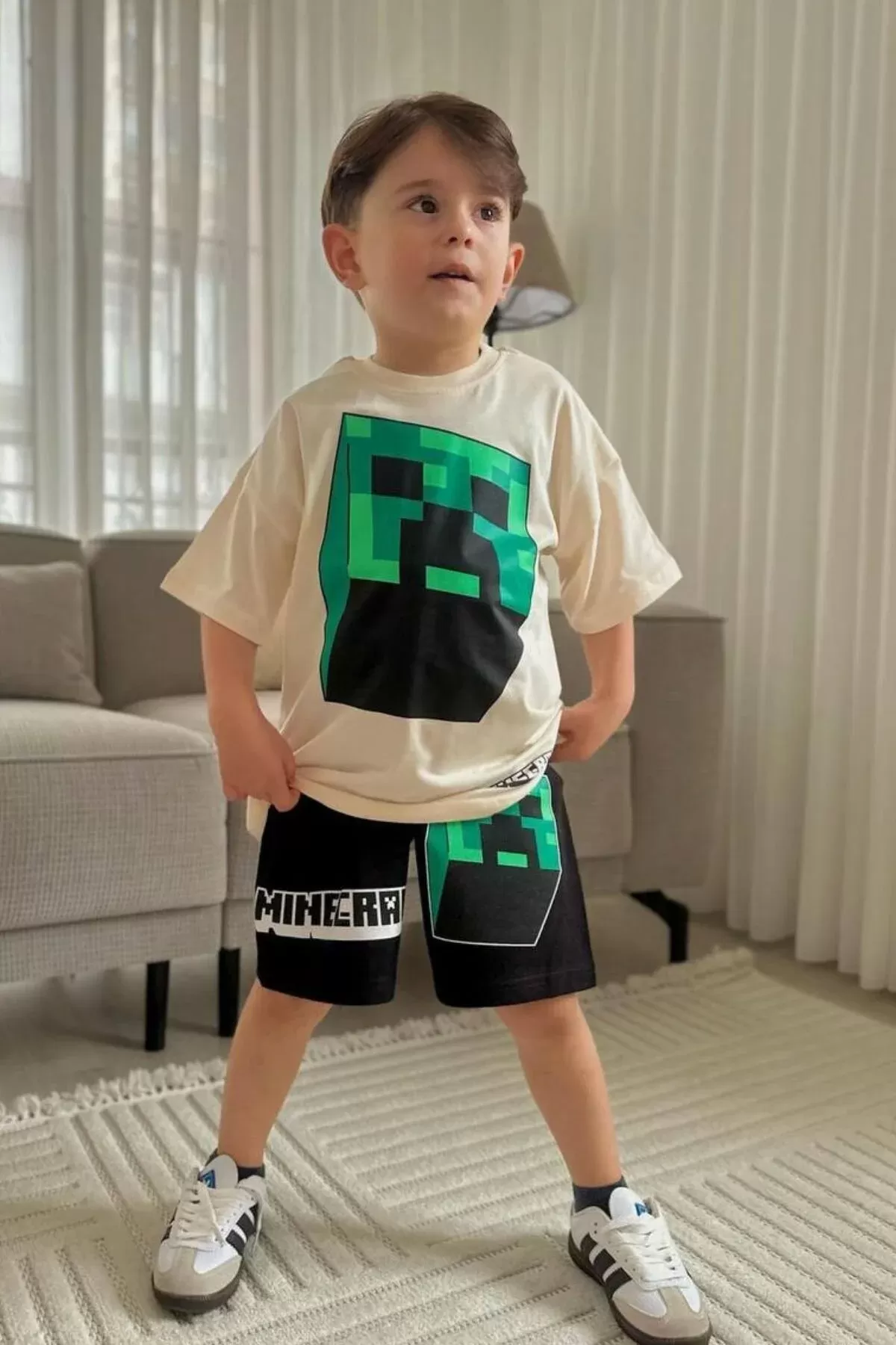 Bej Mine Craft Çizgi film Baskılı Alt Üst Erkek Çocuk 2li Takım