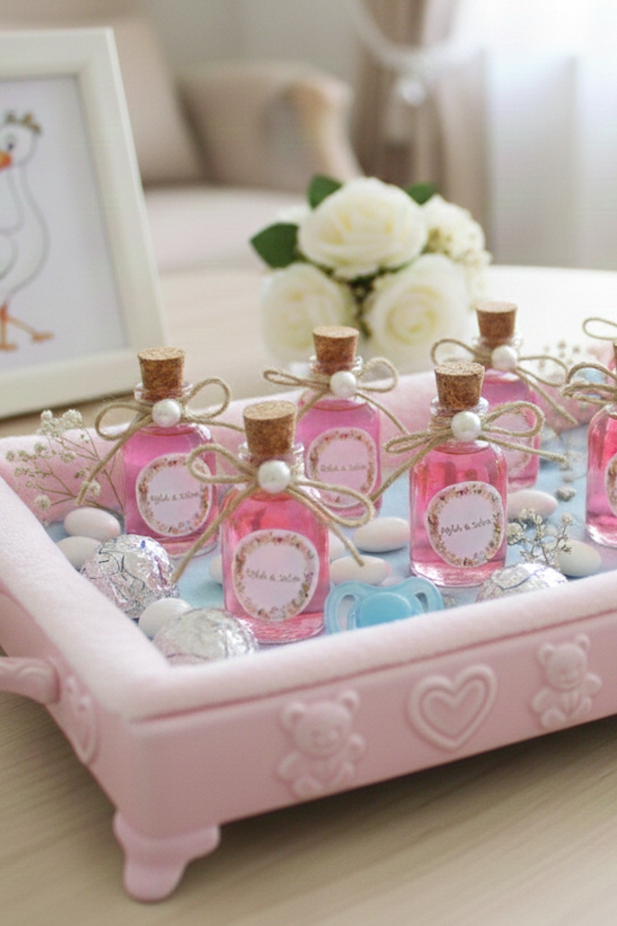 25 Adet İpli İncili Hediyelik Kolonya Şişesi, Nikah Şekeri, Bebek Şekeri - PEMBE