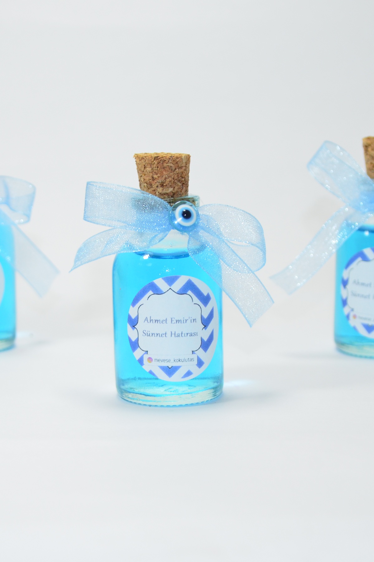 25 Adet Kurdela Nazar Boncuklu Hediyelik Kolonya Şişesi, Nikah Şekeri, Bebek Şekeri - Mavi
