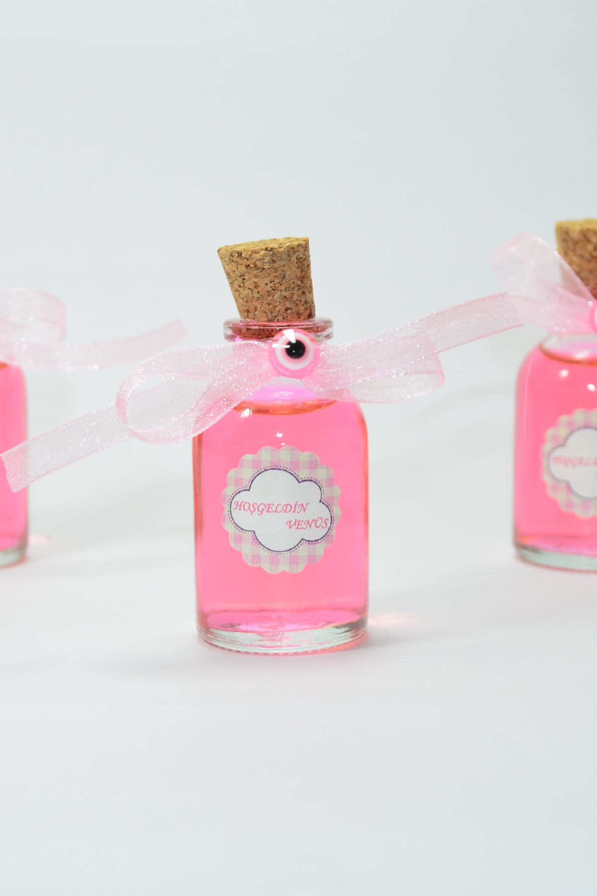 50 Adet Kurdela Nazar Boncuklu Hediyelik Kolonya Şişesi, Nikah Şekeri, Bebek Şekeri - PEMBE