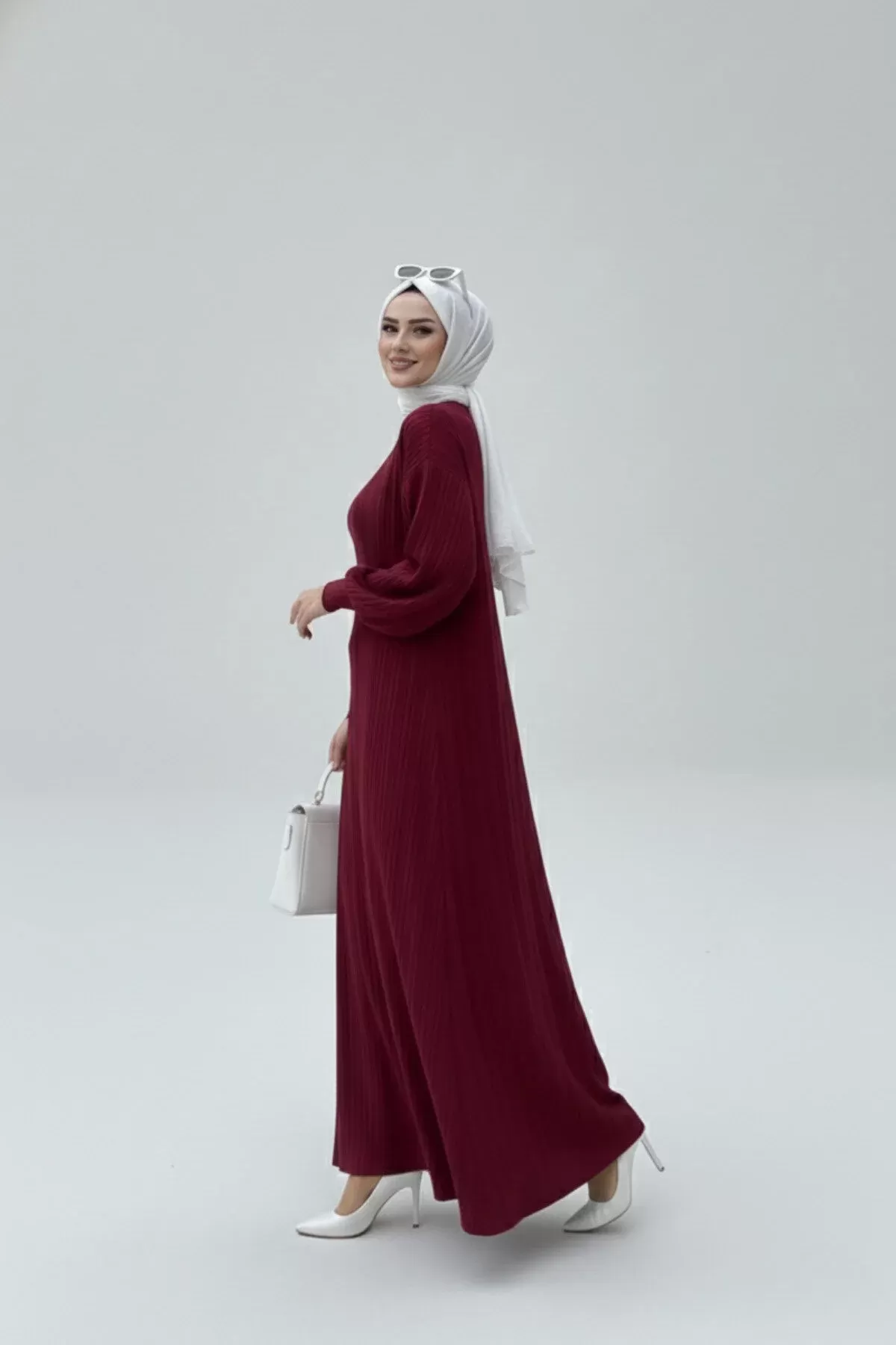 NEW Bordo Fitilli Triko İkili Takım | Balon Kollu Uzun Hırka ve Elbise Seti