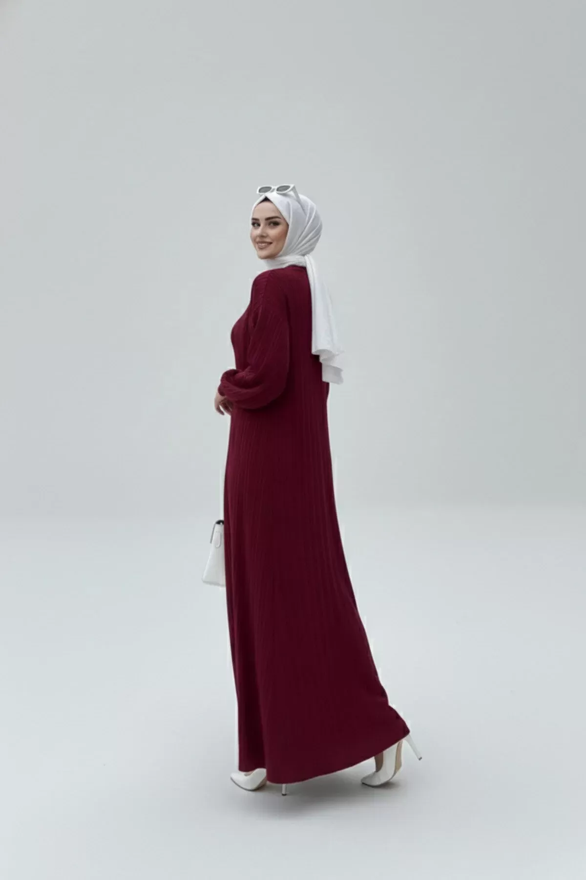 NEW Bordo Fitilli Triko İkili Takım | Balon Kollu Uzun Hırka ve Elbise Seti