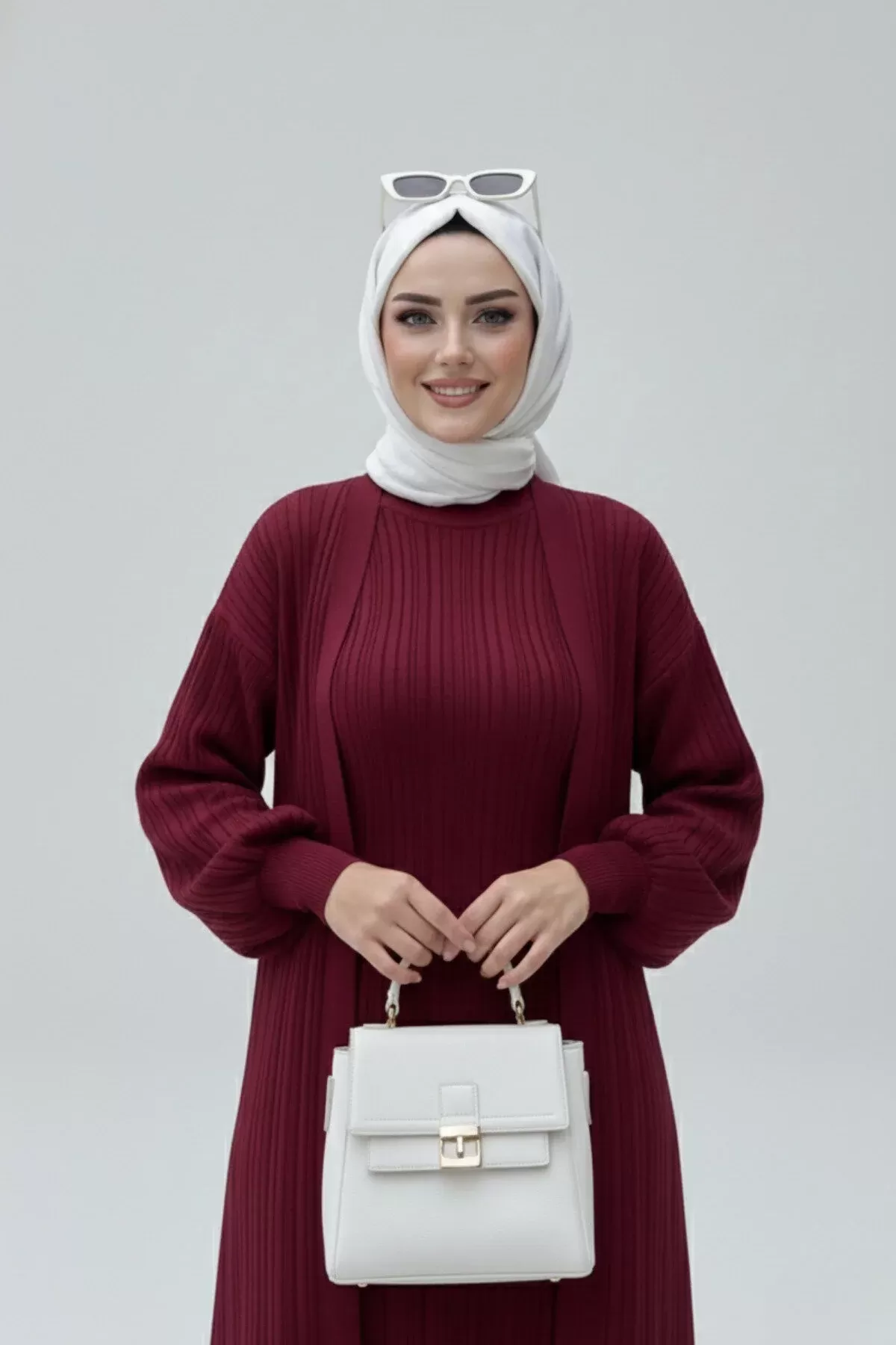 NEW Bordo Fitilli Triko İkili Takım | Balon Kollu Uzun Hırka ve Elbise Seti