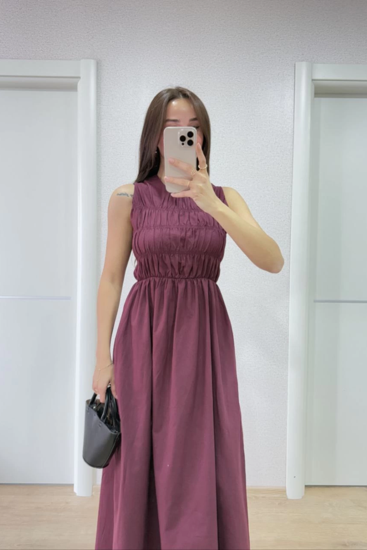 Kolsuz Göğüs Lastıklı %100 Poplin Uzun Elbise - Bordo -