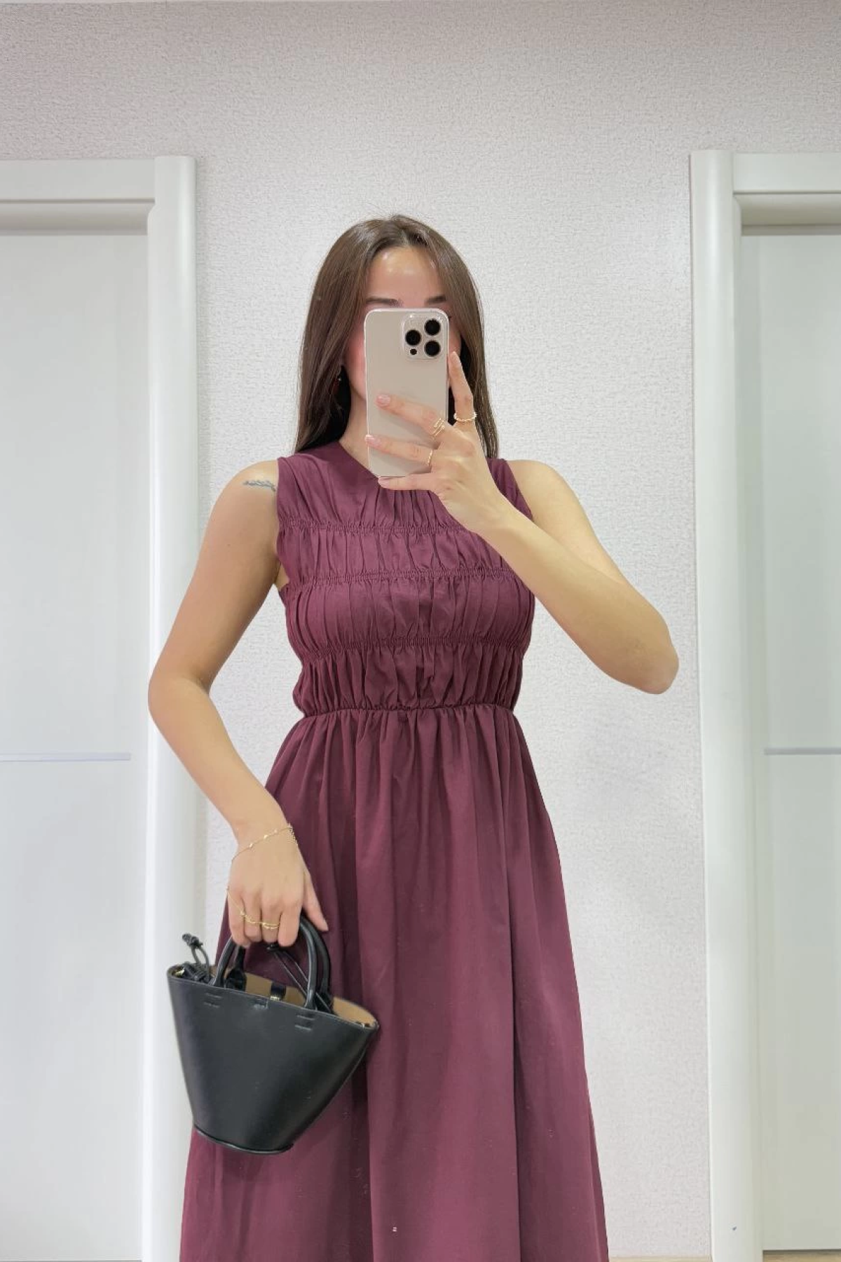 Kolsuz Göğüs Lastıklı %100 Poplin Uzun Elbise - Bordo -