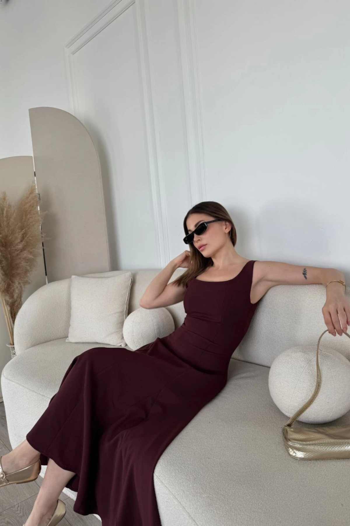 Sırt Dekolteli Kolsuz Uzun Kadın Elbise - Mürdüm -