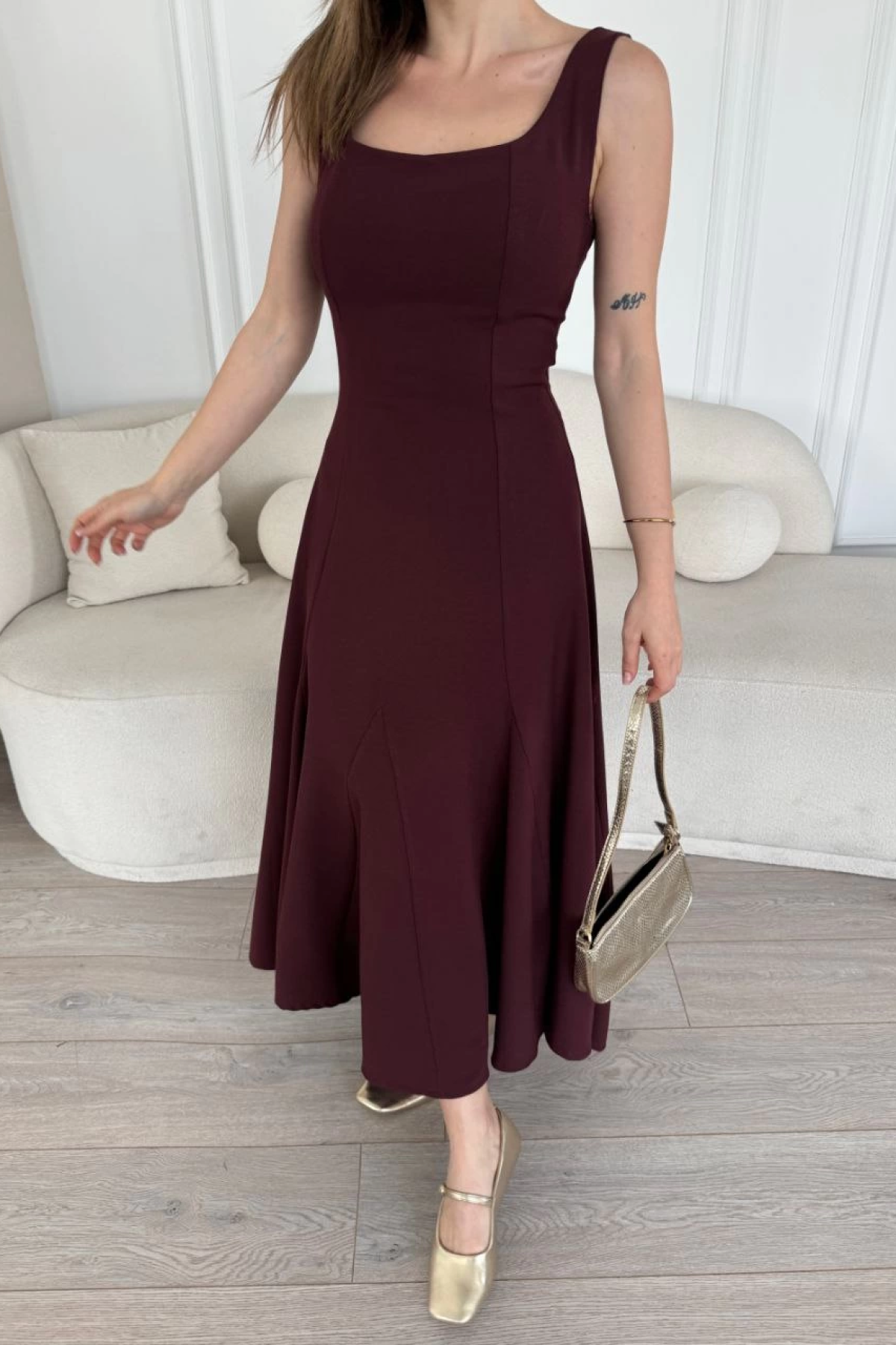 Sırt Dekolteli Kolsuz Uzun Kadın Elbise - Mürdüm -