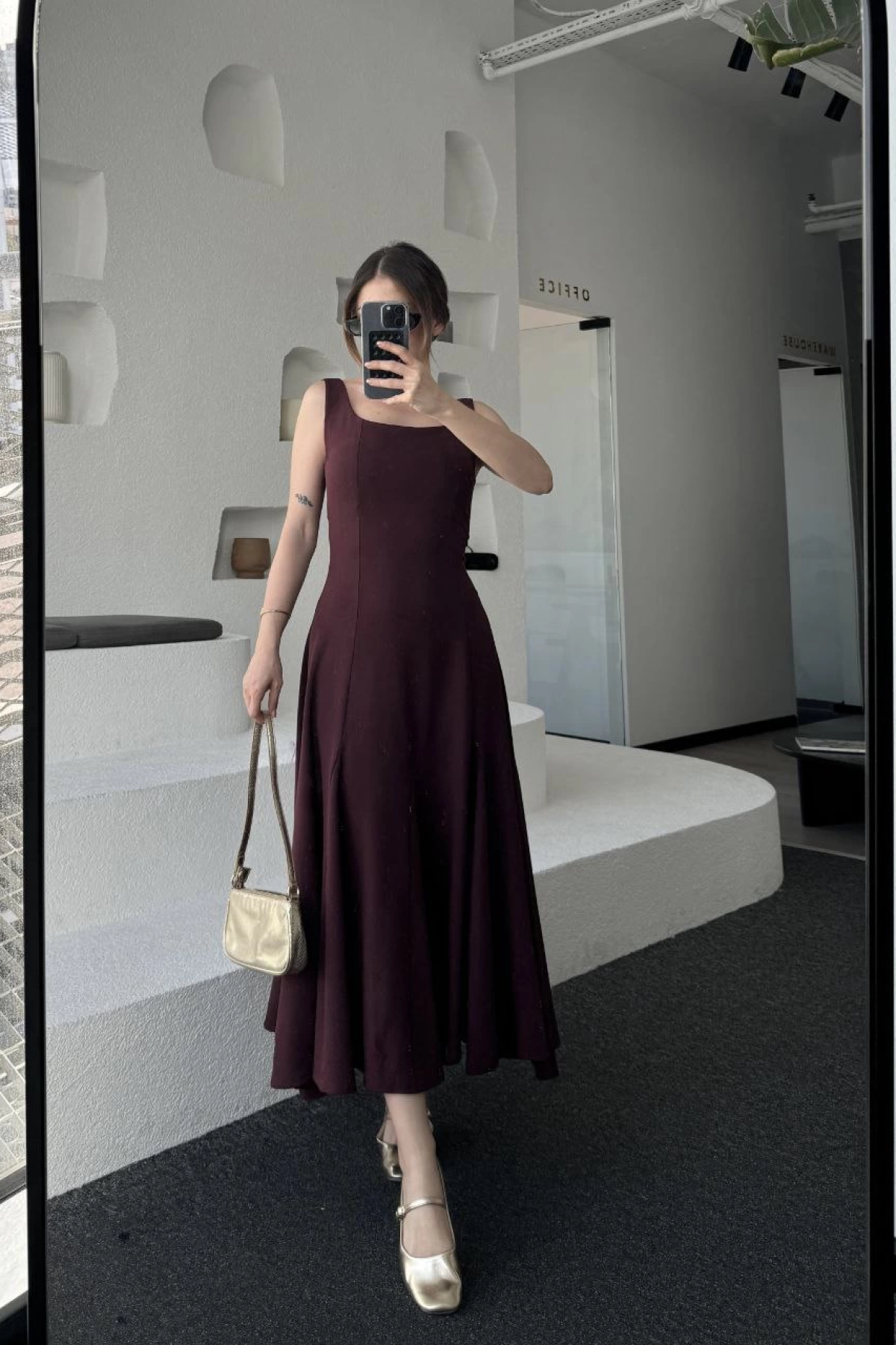 Sırt Dekolteli Kolsuz Uzun Kadın Elbise - Mürdüm -