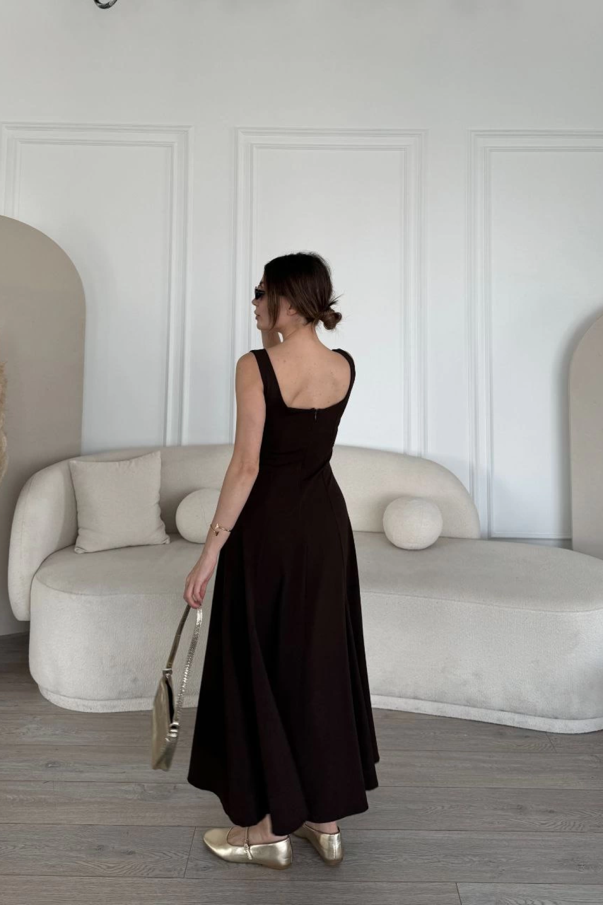 Sırt Dekolteli Kolsuz Uzun Elbise - Kahverengi -