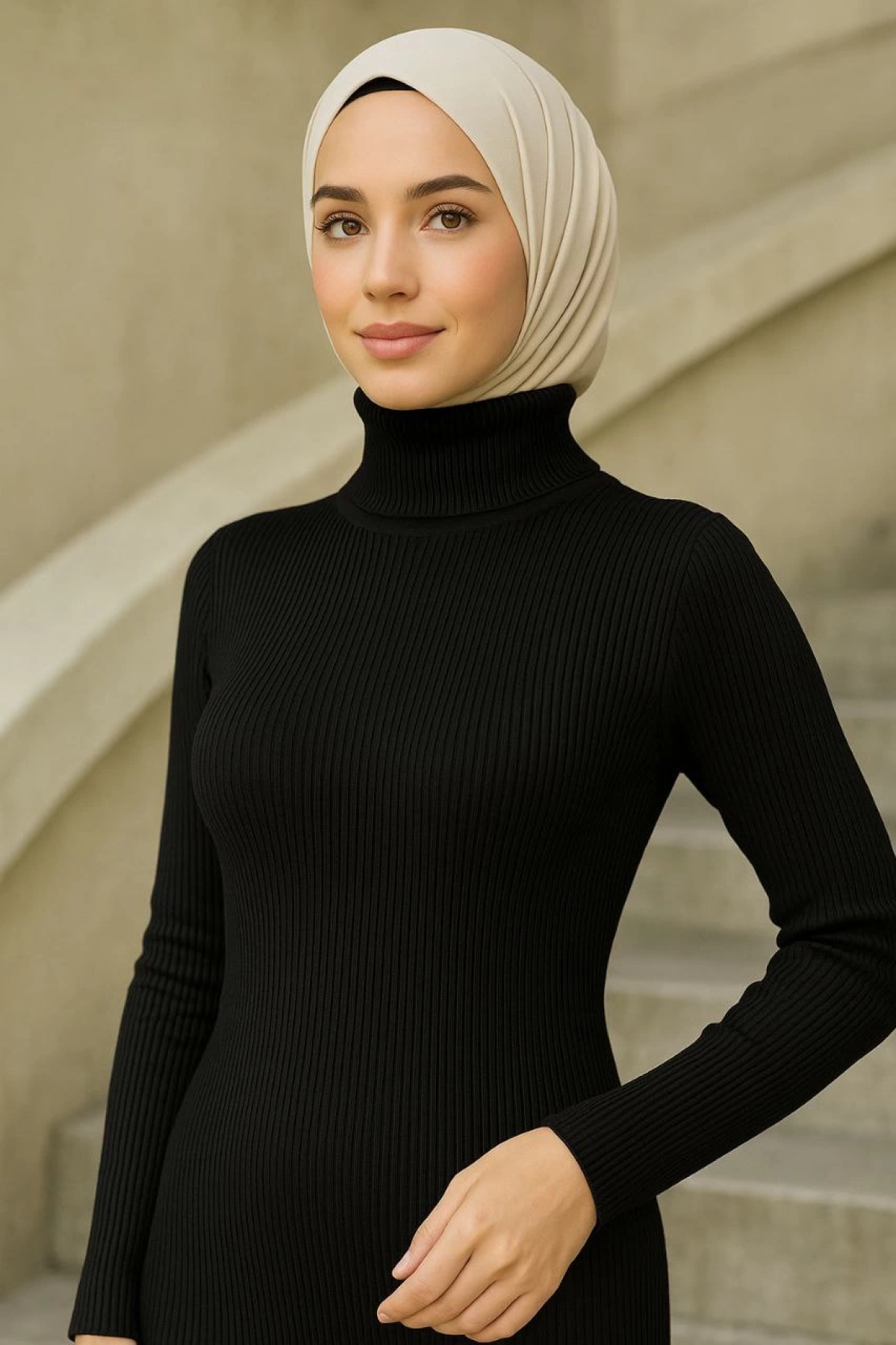 Tesettür Triko Kadın Elbise - Siyah -