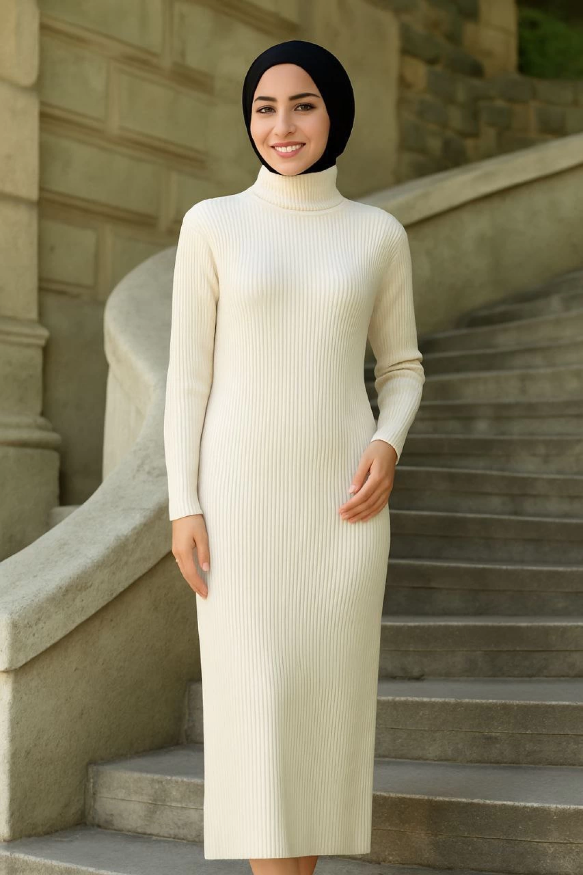 Kadın Tesettür Triko Elbise  - Beyaz -