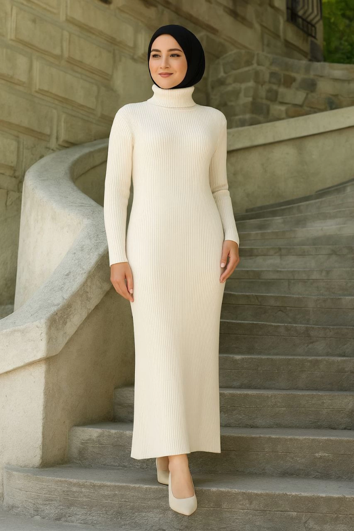 Kadın Tesettür Triko Elbise  - Beyaz -