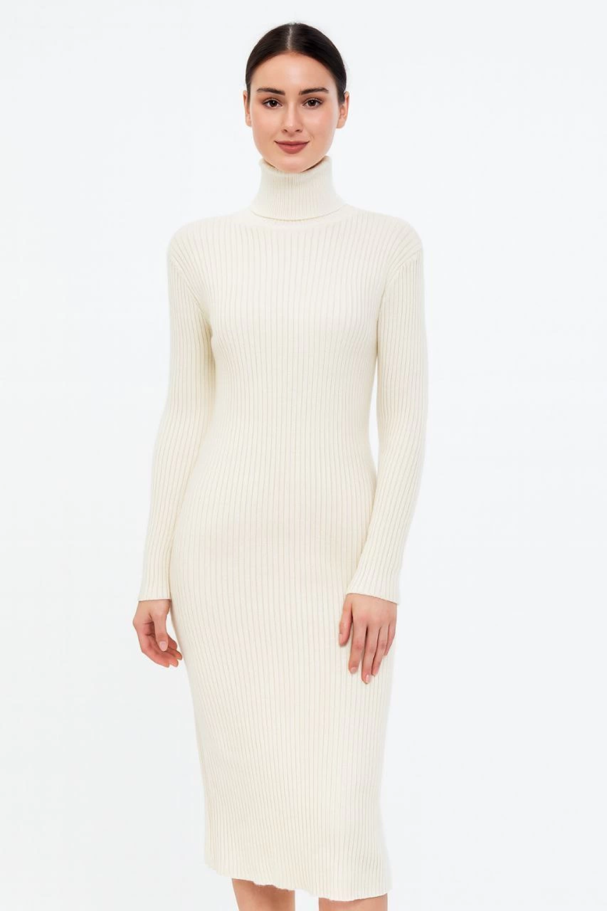 Boğazlı Triko Kadın Elbise - Beyaz -