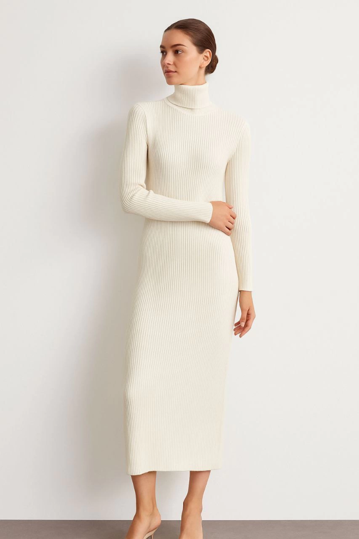 Boğazlı Triko Kadın Elbise - Beyaz -