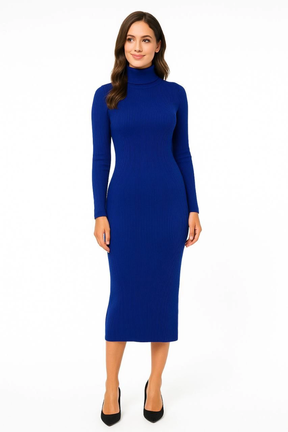 Boğazlı Triko Kadın Elbise –  - Saks Mavisi -