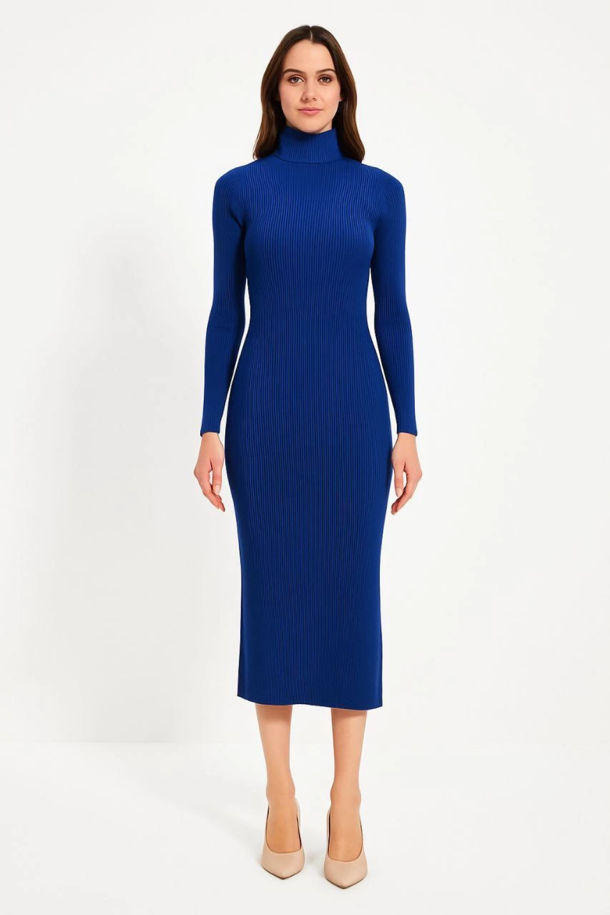Boğazlı Triko Kadın Elbise –  - Saks Mavisi -