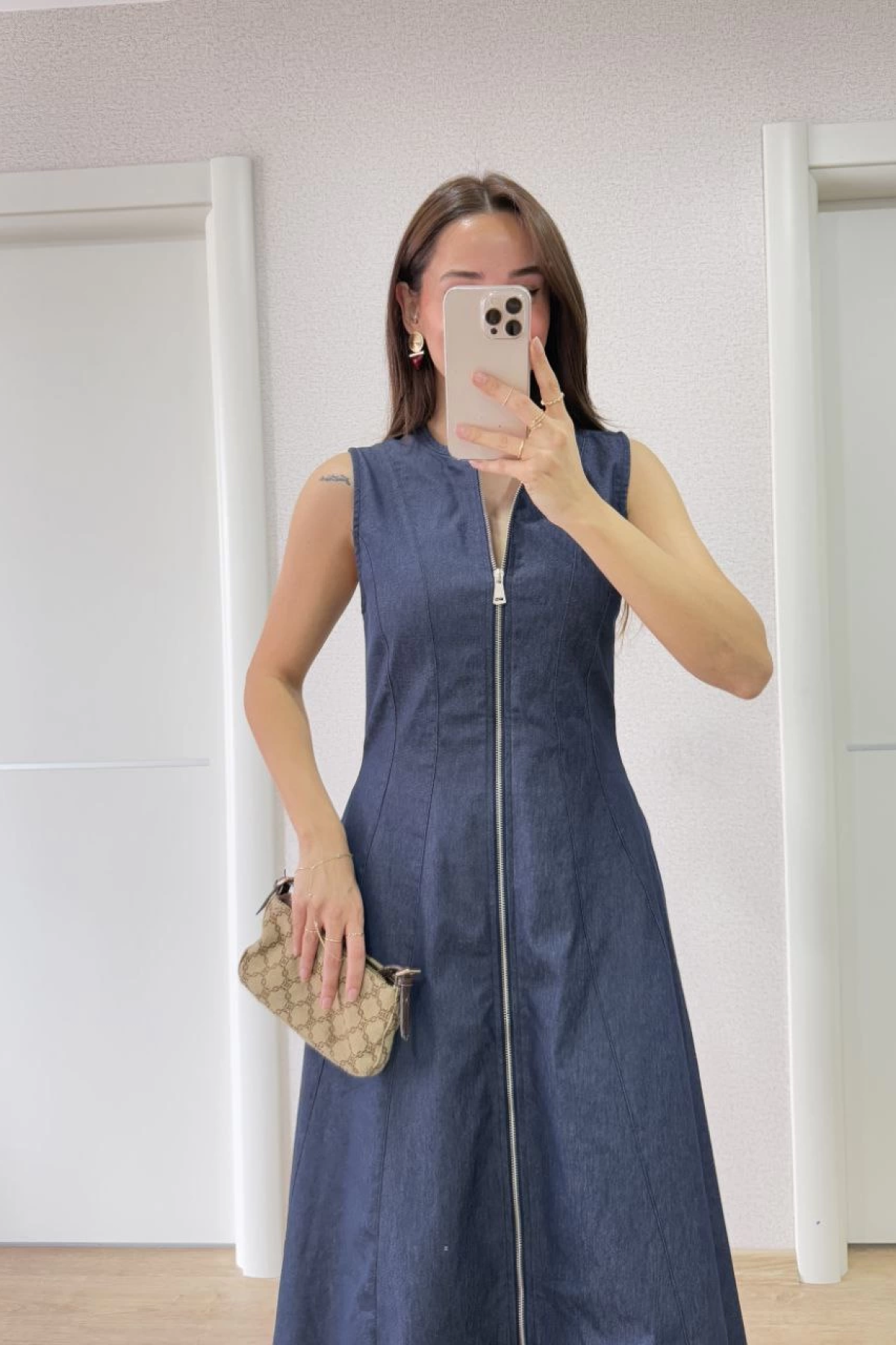 Jeans Kot Önü Tam Fermuarlı Uzun Elbise - Mavi