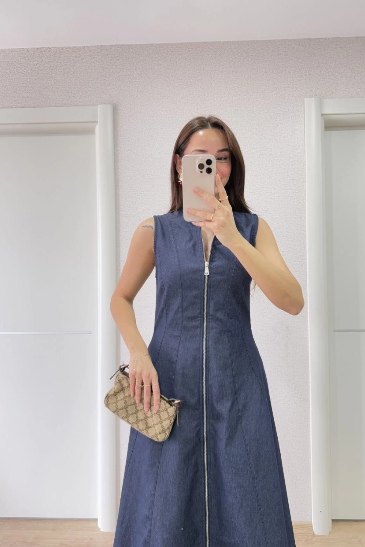 Jeans Kot Önü Tam Fermuarlı Uzun Elbise - Mavi