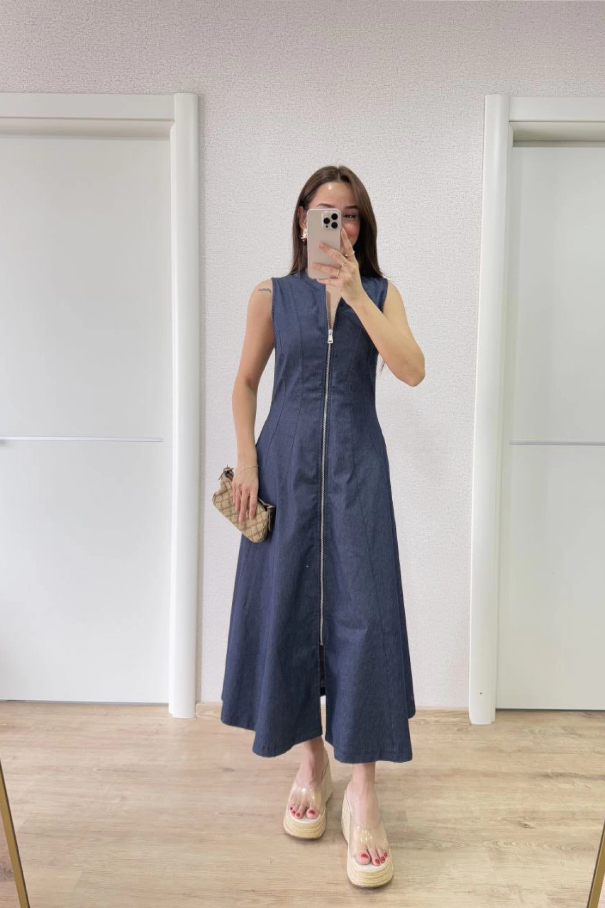 Jeans Kot Önü Tam Fermuarlı Uzun Elbise - Mavi