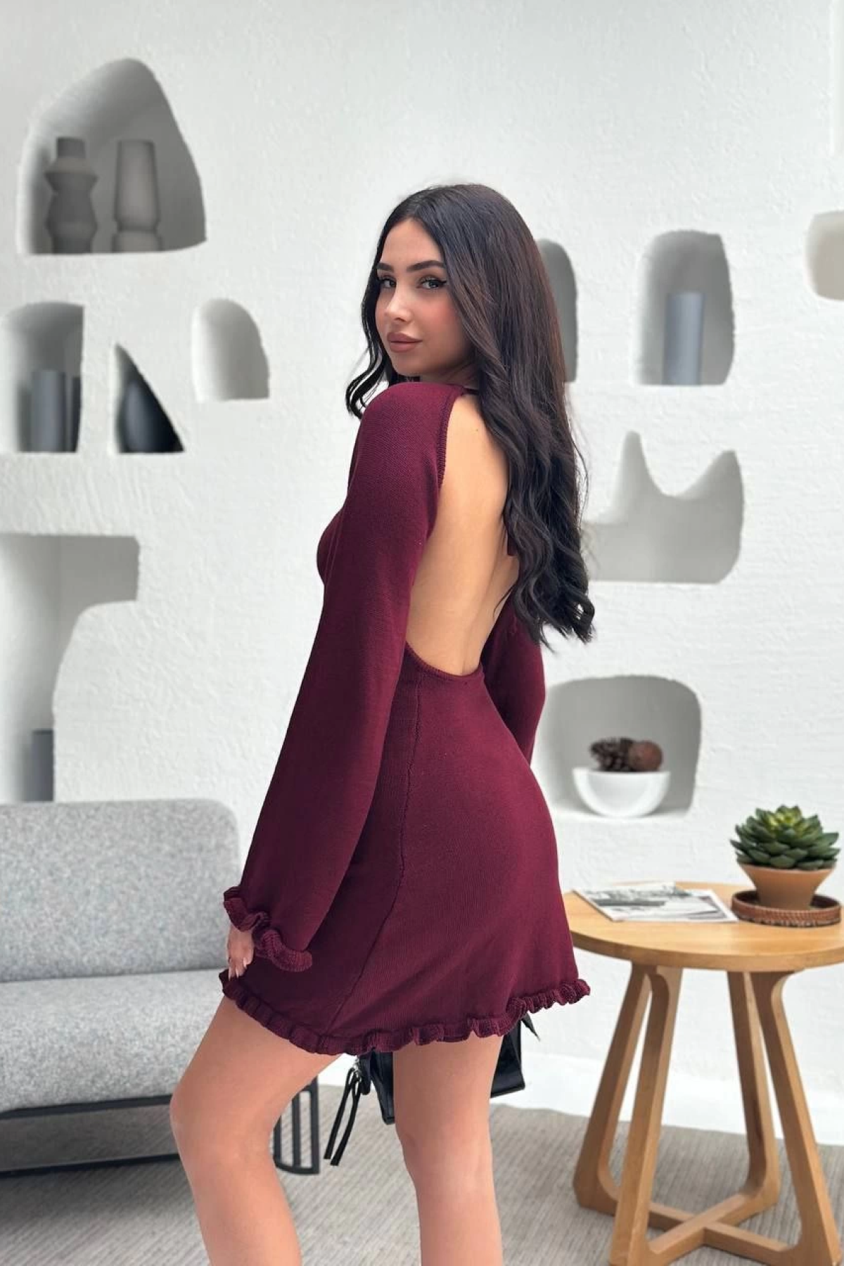 Sırt Pencereli Mini Triko Elbise - Bordo