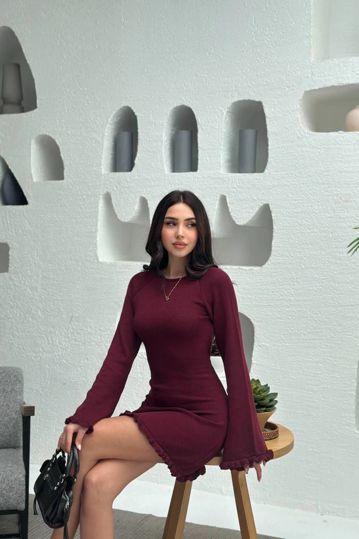 Sırt Pencereli Mini Triko Elbise - Bordo