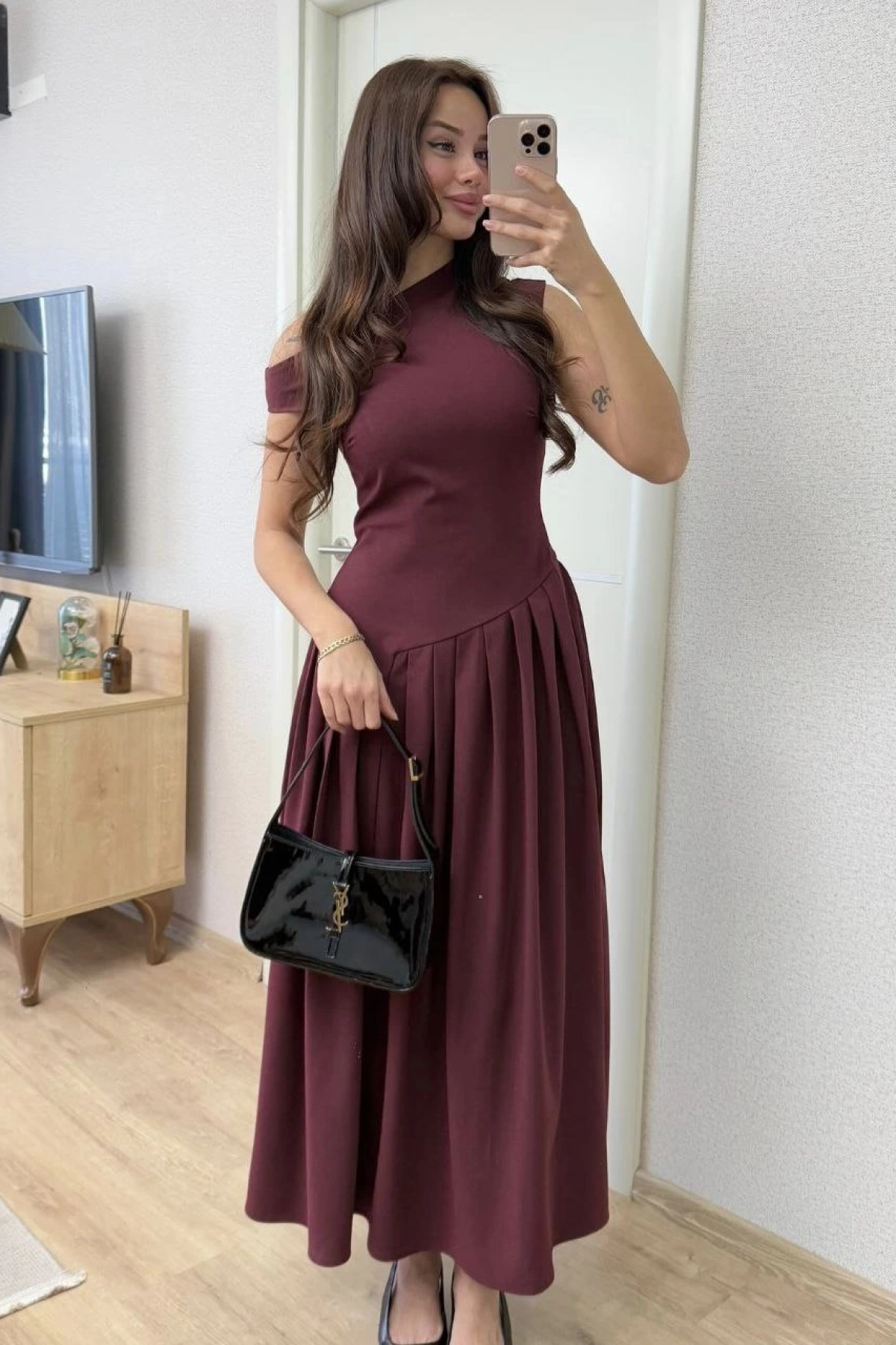 Asimetrik düşük yaka Kolsuz Uzun Elbise - Bordo