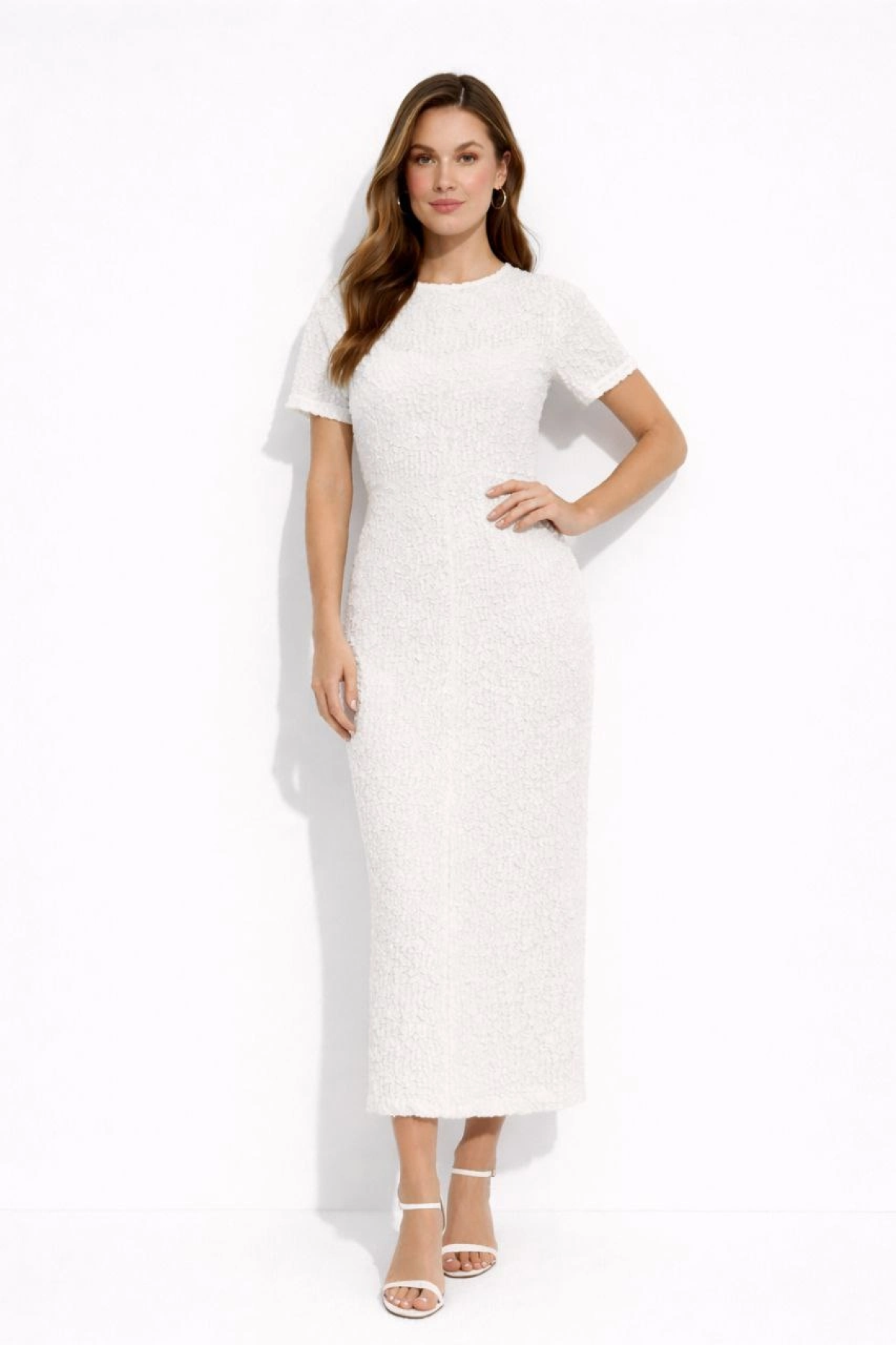 Kadın Beyaz Kısa Kollu Arkası Yırtmaçlı Uzun Elbise + İç Göstermeyen Askılı Mini Elbiseli - Beyaz