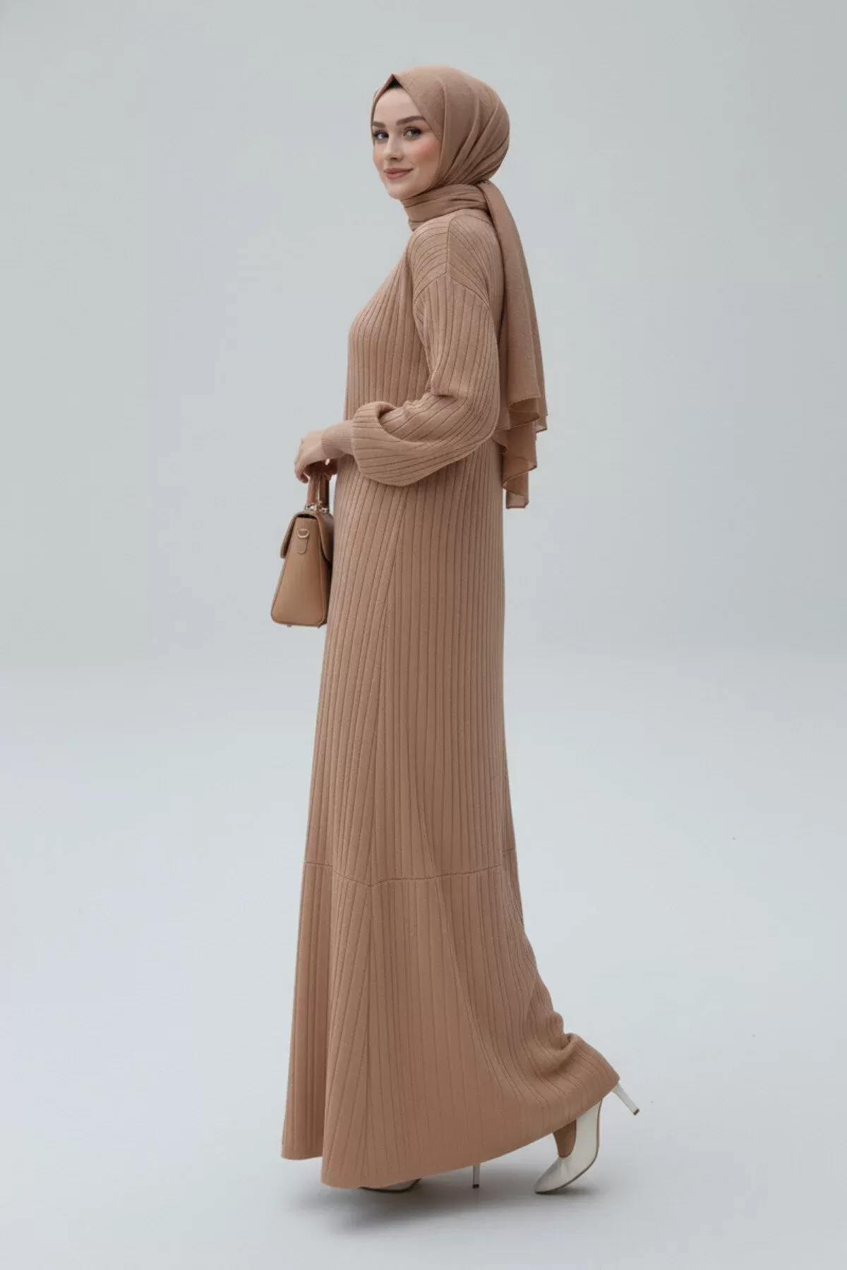 NEW Kahverengi  Fitilli Triko İkili Takım | Balon Kollu Uzun Hırka ve Elbise Seti