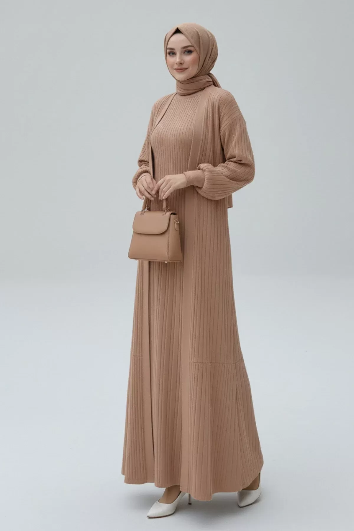 NEW Kahverengi  Fitilli Triko İkili Takım | Balon Kollu Uzun Hırka ve Elbise Seti