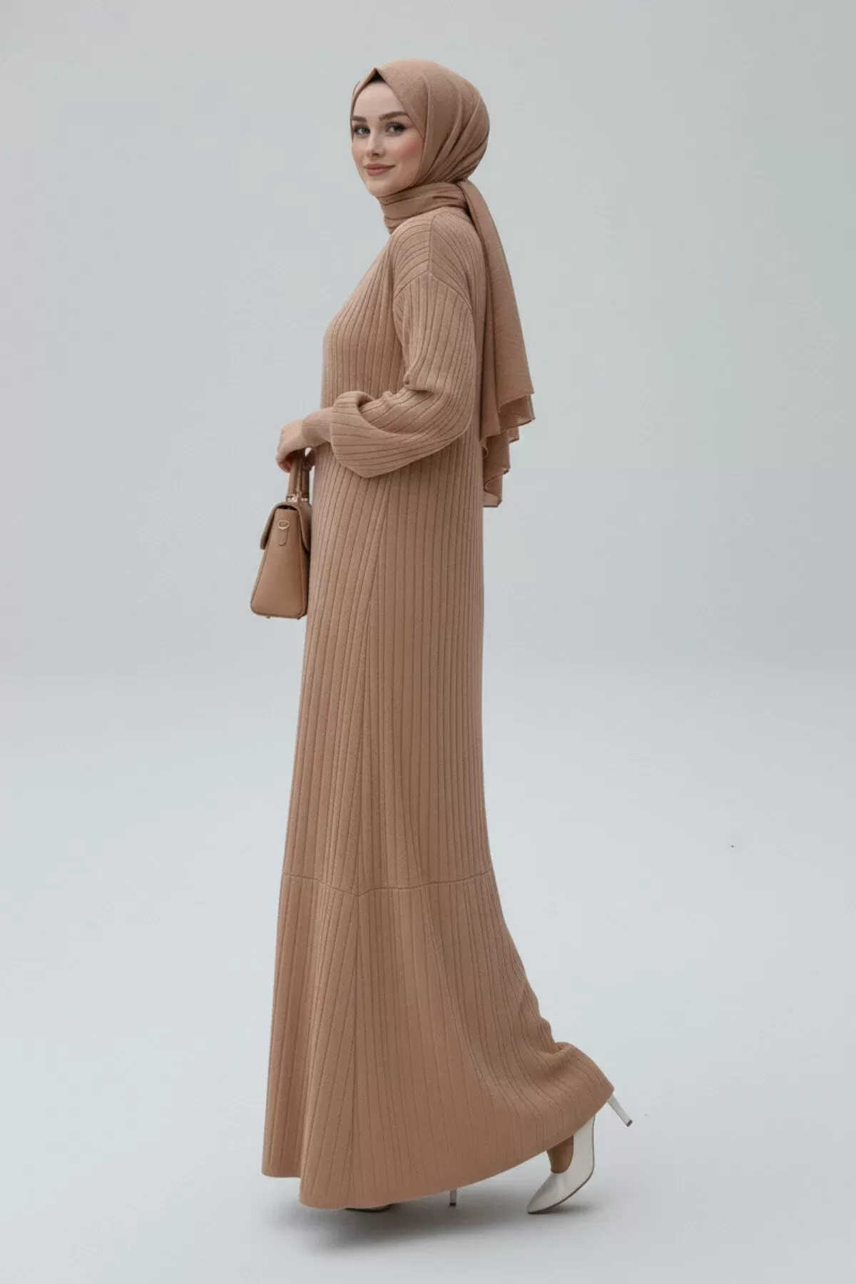 NEW Kahverengi  Fitilli Triko İkili Takım | Balon Kollu Uzun Hırka ve Elbise Seti