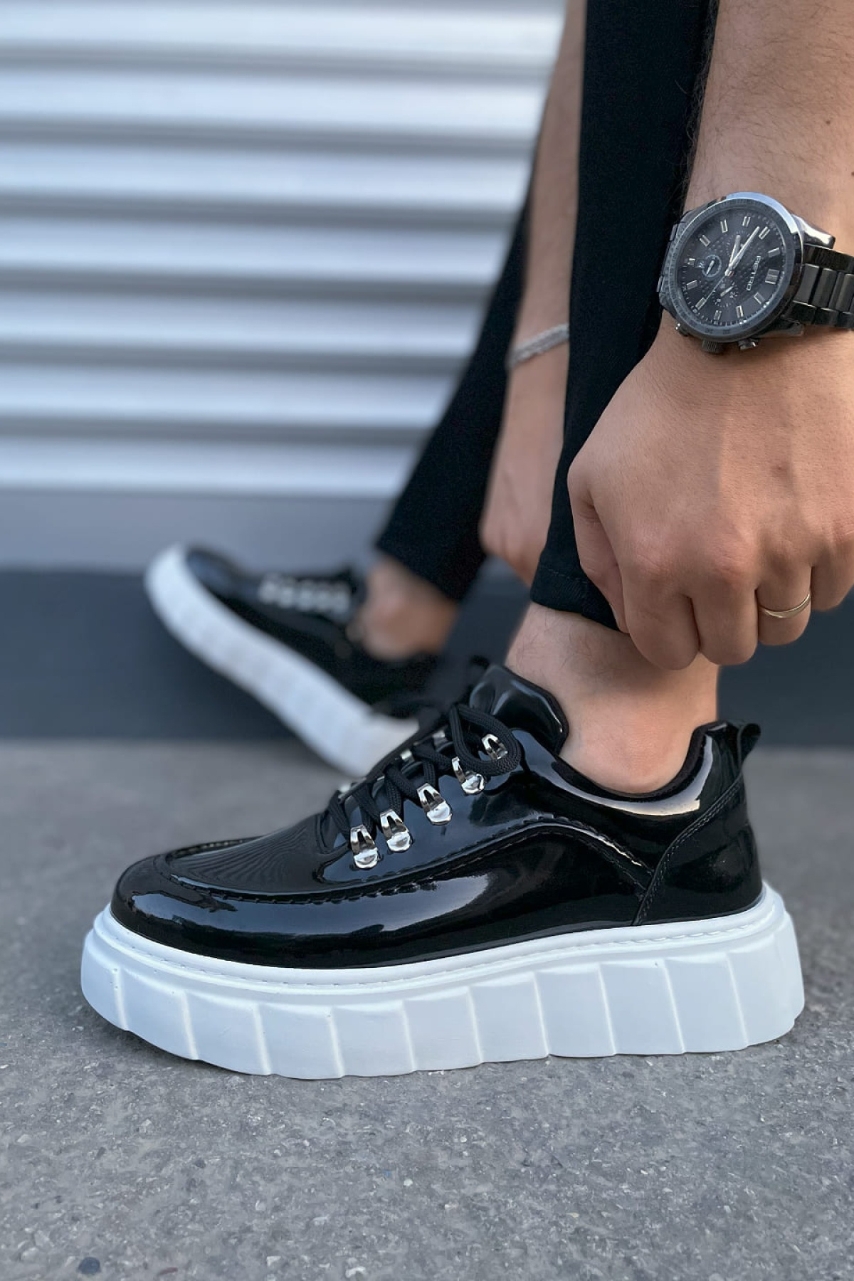 Siyah Beyaz Cloud Bağcıklı Rugan Erkek Günlük Sneaker Ayakkabı