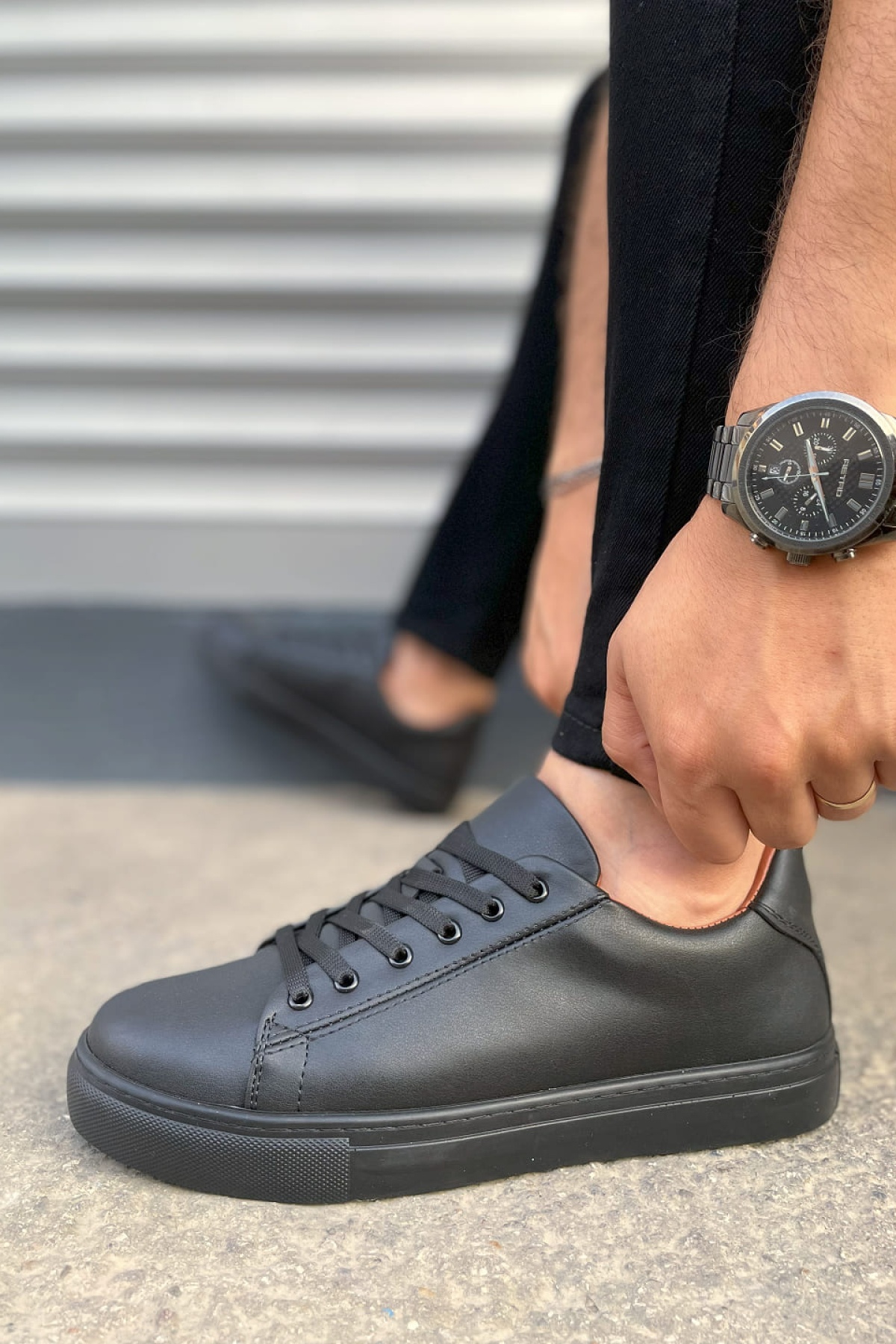 Siyah Mode Bağcıklı Cilt Erkek Günlük Sneaker Ayakkabı