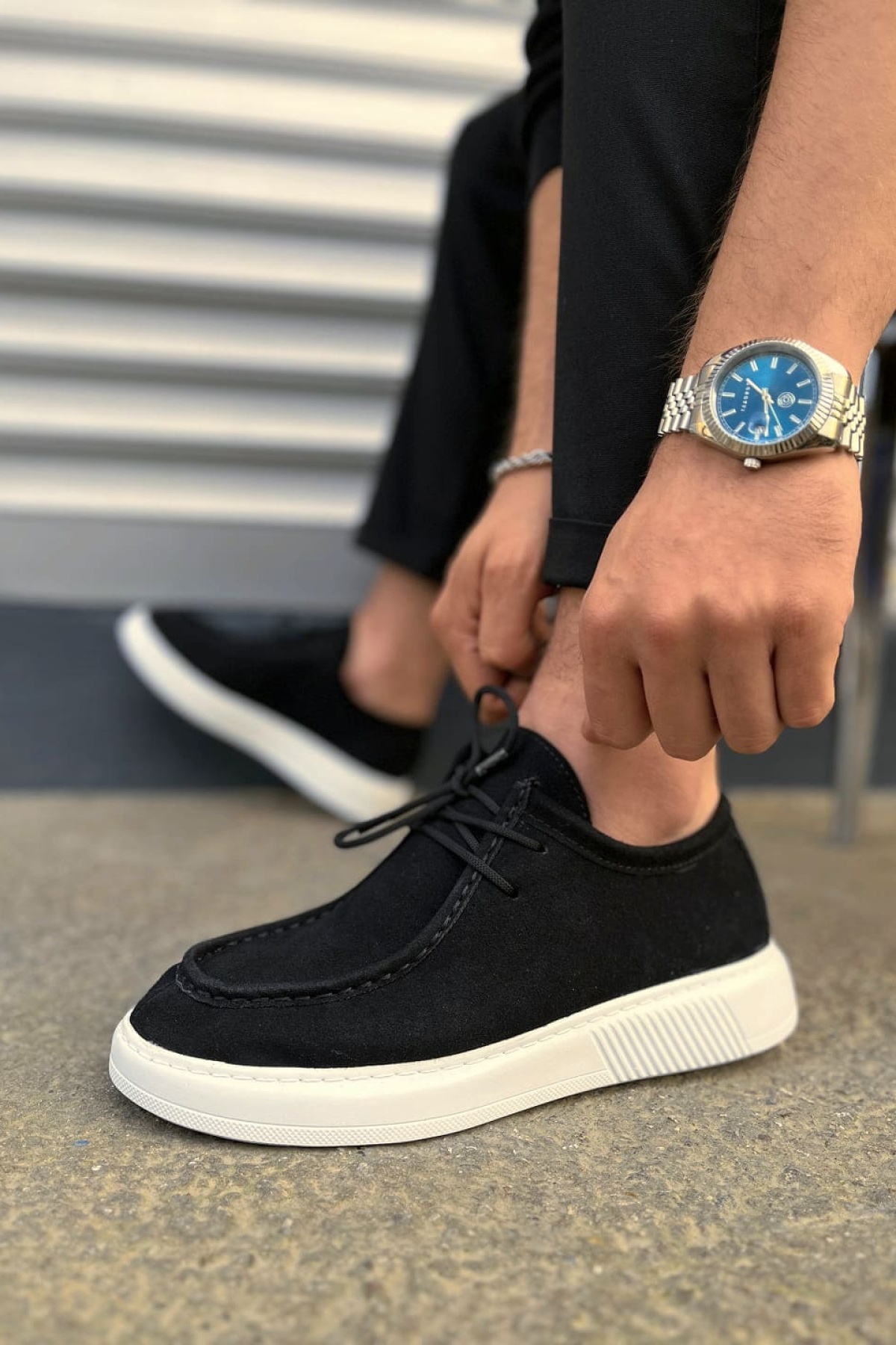 Siyah Beyaz Süet Tornado Bağcıklı Süet Erkek Günlük Spor Klasik Ayakkabı