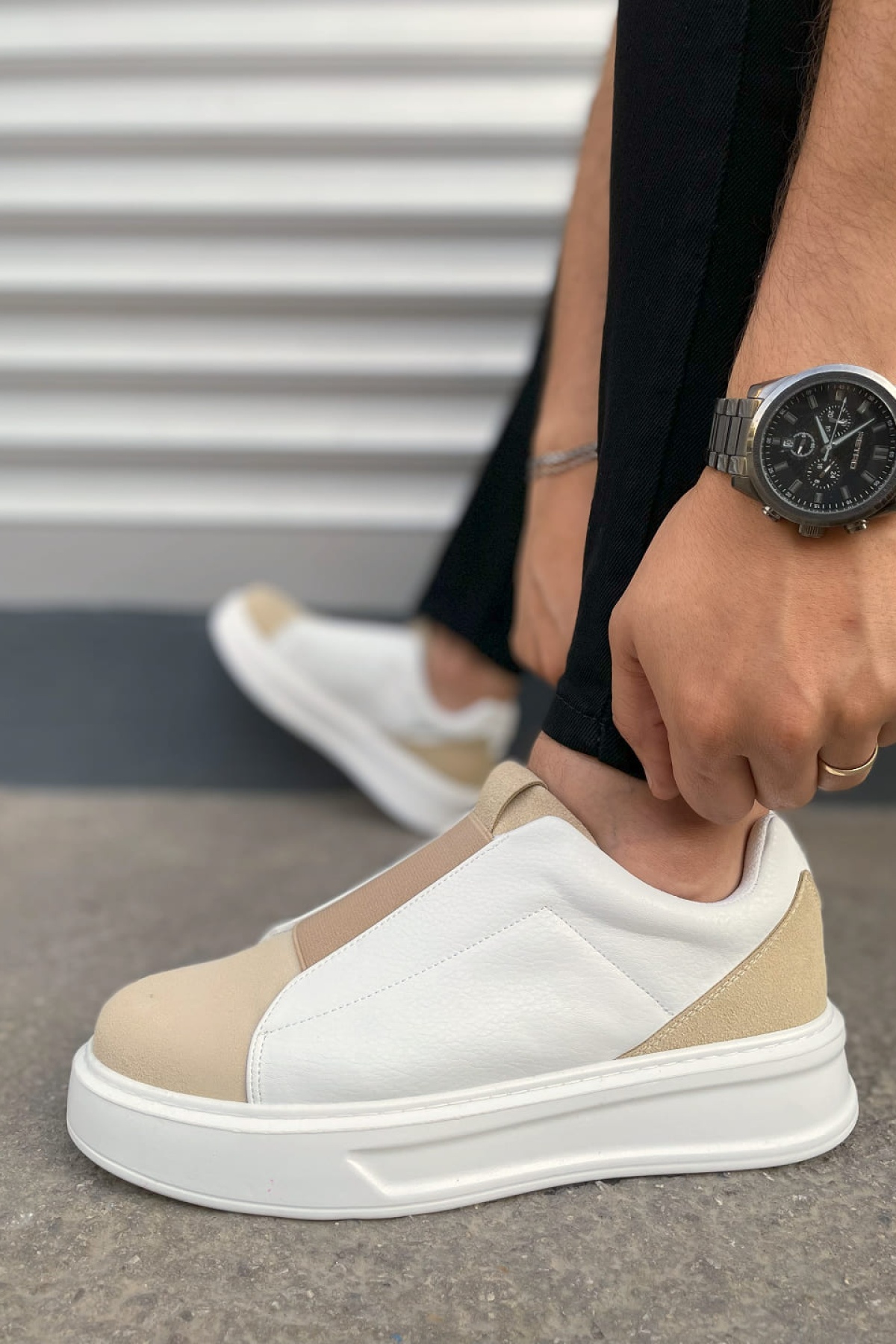 Alba Bağcıksız Süet Cilt Erkek Günlük Sneaker Ayakkabı SCBT Bej/Beyaz