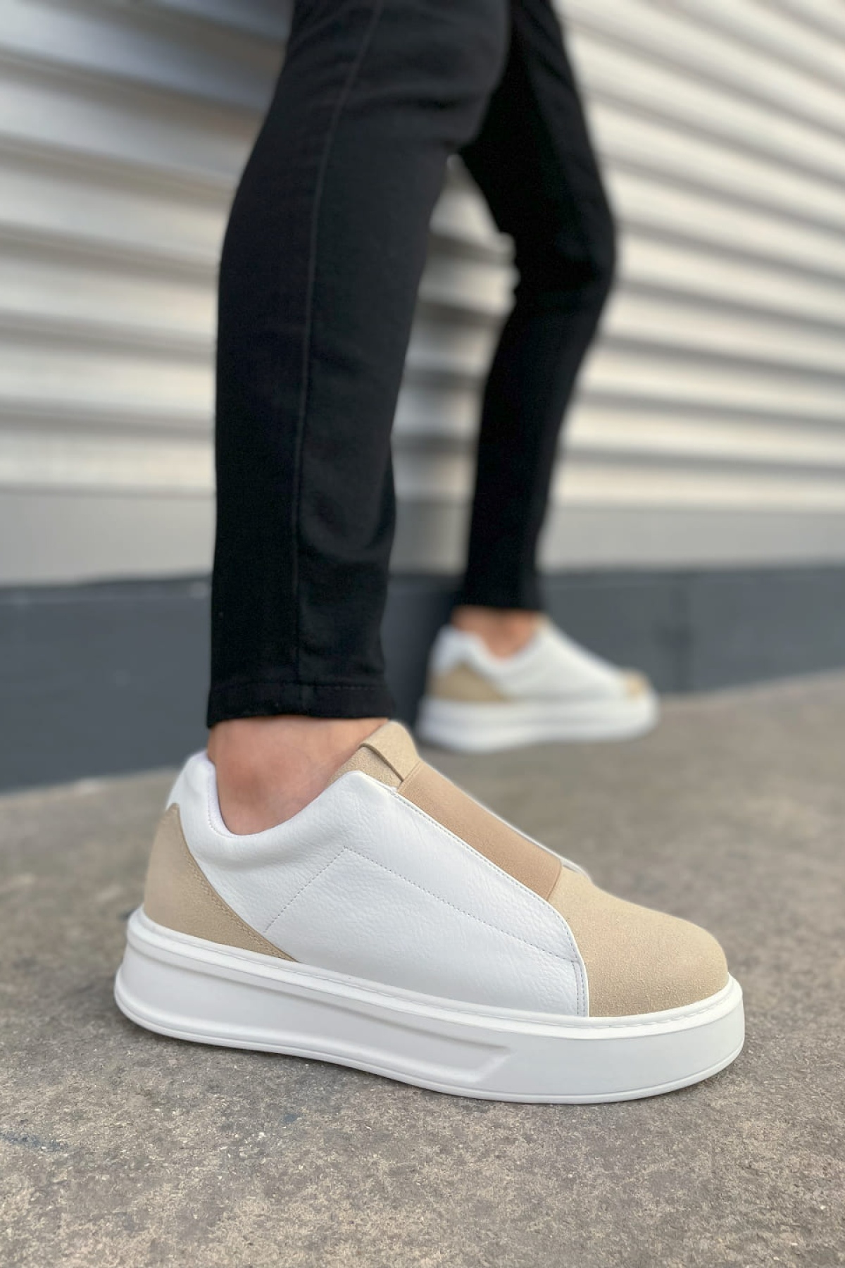 Alba Bağcıksız Süet Cilt Erkek Günlük Sneaker Ayakkabı SCBT Bej/Beyaz