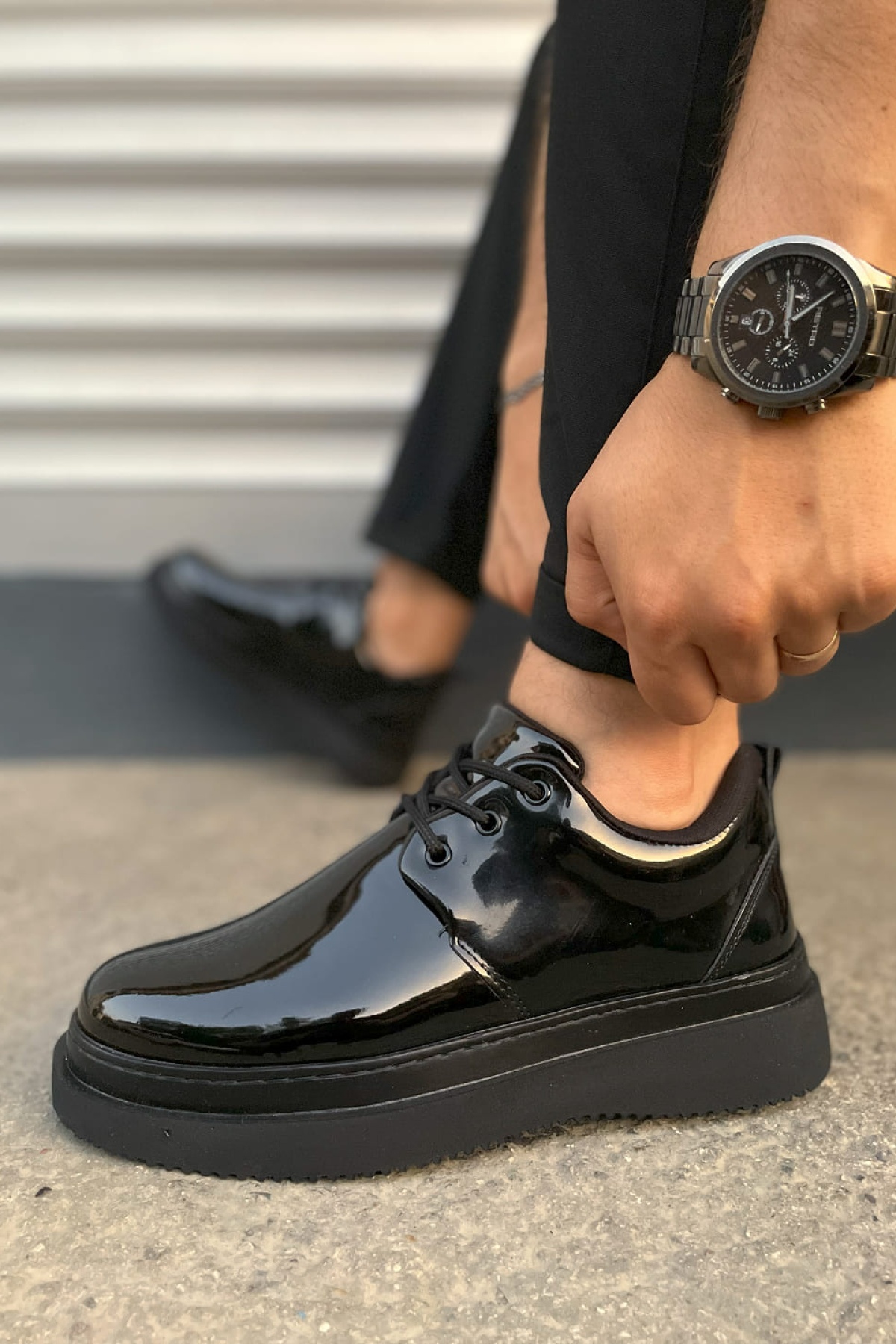 JYx03 Luxor Bağcıklı Rugan Erkek Günlük Spor Klasik Ayakkabı RST - Siyah