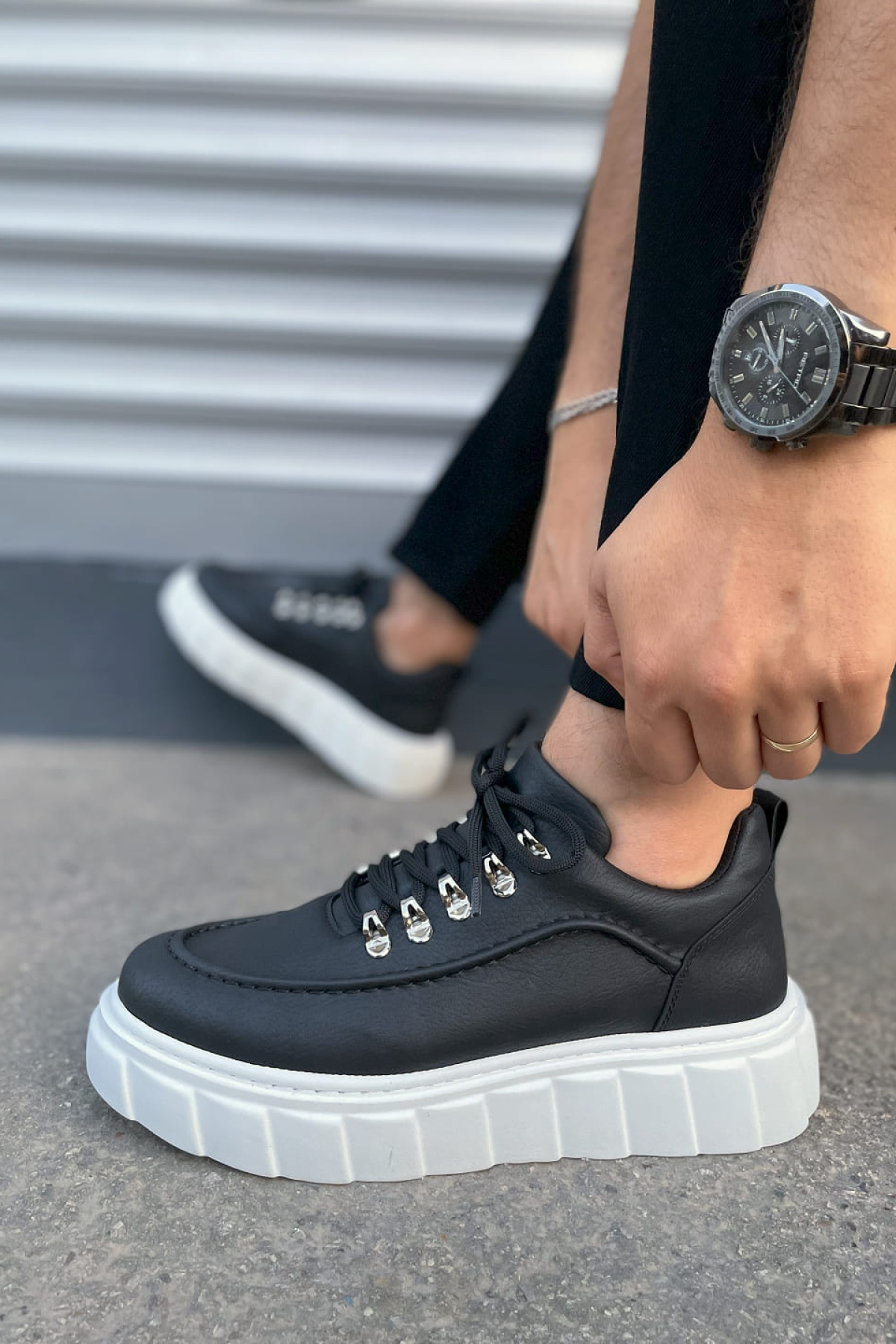 Siyah Beyaz Cloud Bağcıklı Cilt Erkek Günlük Sneaker Ayakkabı