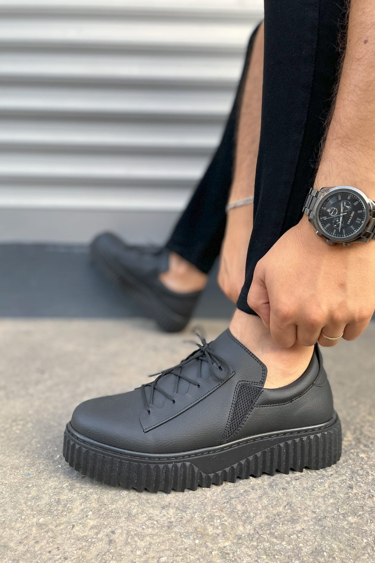 Siyah Bold Bağcıklı Cilt Erkek Günlük Sneaker Ayakkabı