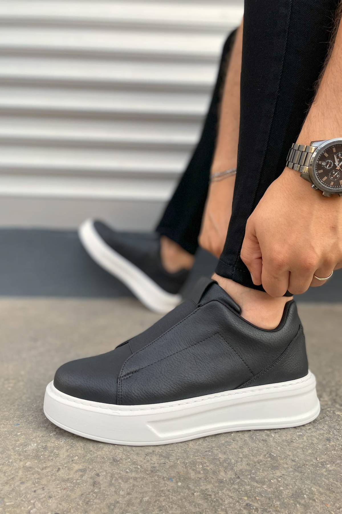 JY007 Alba Bağcıksız Cilt Erkek Günlük Sneaker Ayakkabı CBT Siyah