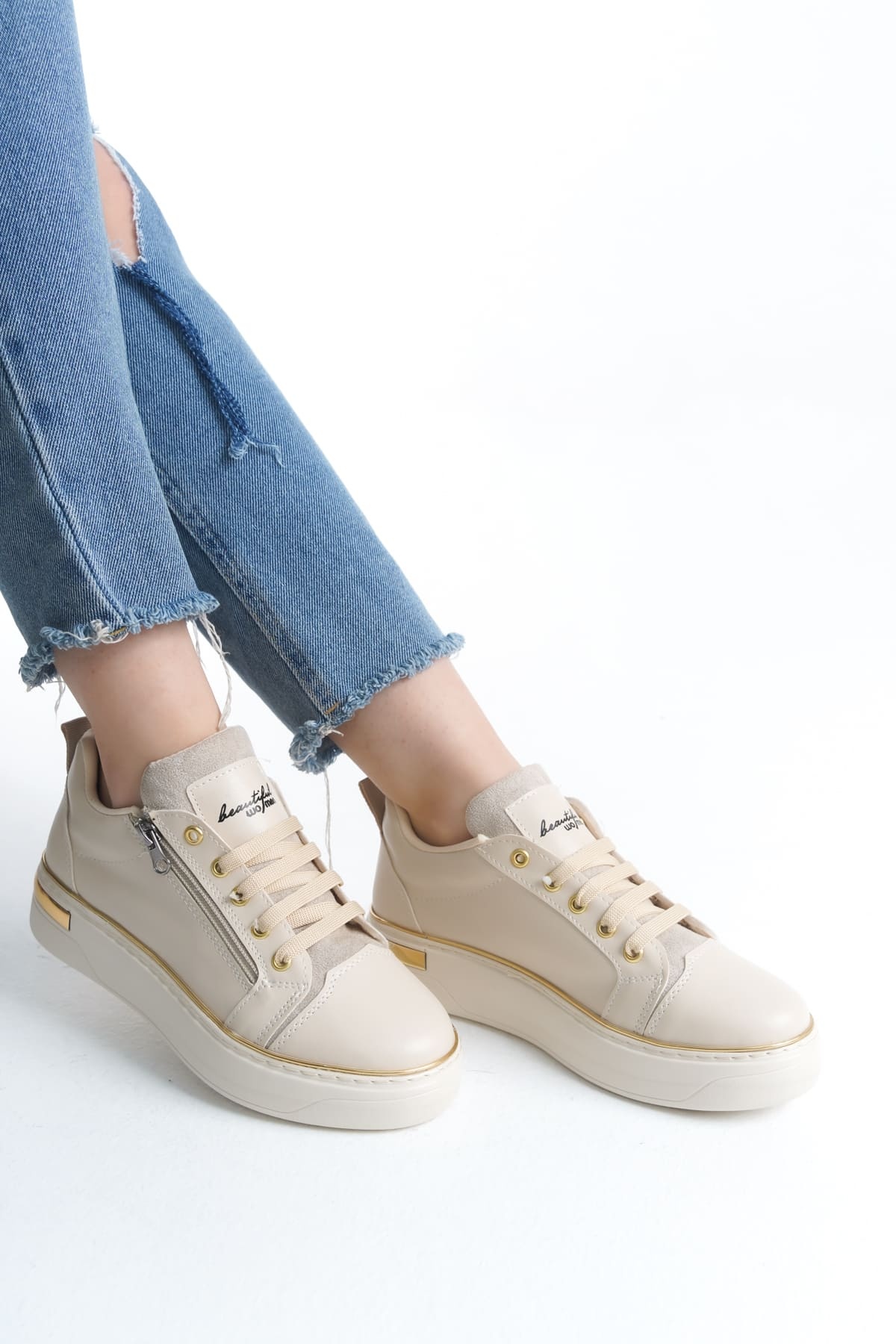 DINA Krem Gold Bağcıklı Fermuarlı Ortopedik Taban Kadın Sneaker Spor Ayakkabı