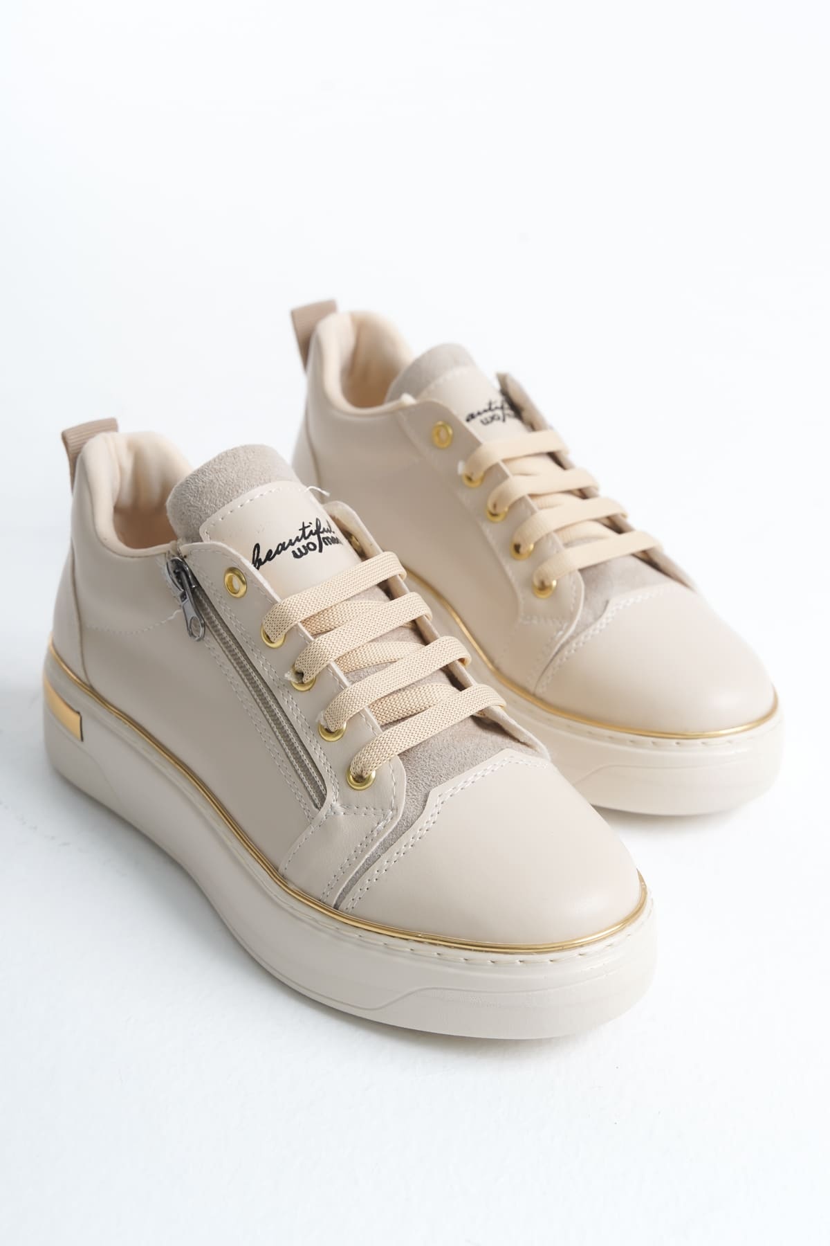 DINA Krem Gold Bağcıklı Fermuarlı Ortopedik Taban Kadın Sneaker Spor Ayakkabı