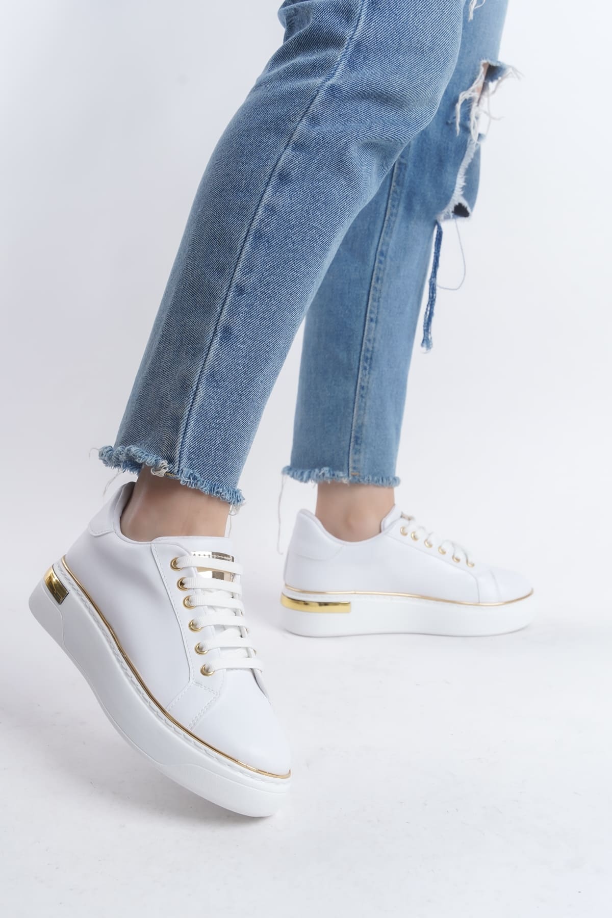MINA Beyaz Altın Bağcıklı Ortopedik Taban Kadın Sneaker Spor Ayakkabı