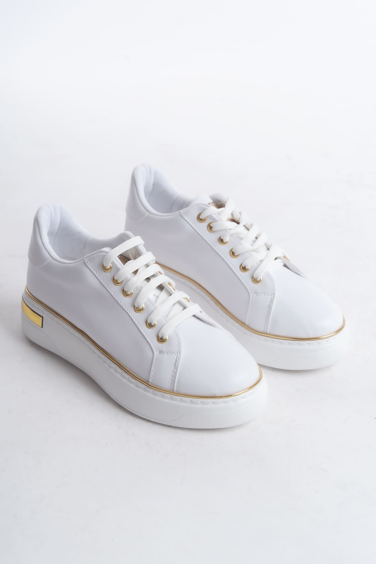 MINA Beyaz Altın Bağcıklı Ortopedik Taban Kadın Sneaker Spor Ayakkabı